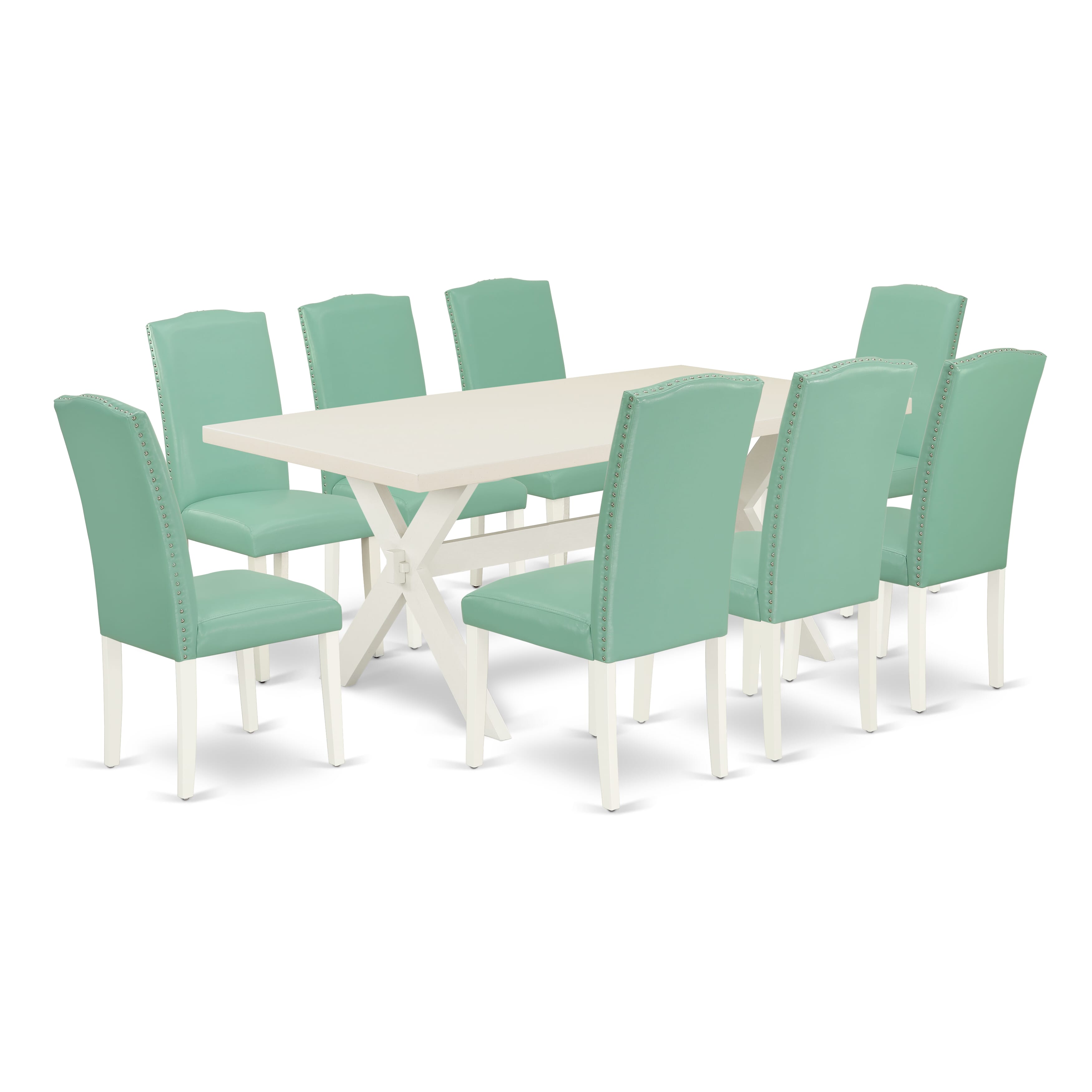 East West Furniture X027EN257-9 9-Pc a Beautiful linen white Dining room Table top and 8 Beautiful Dining chairs with Nail Heads and Stylish, linen white Finish