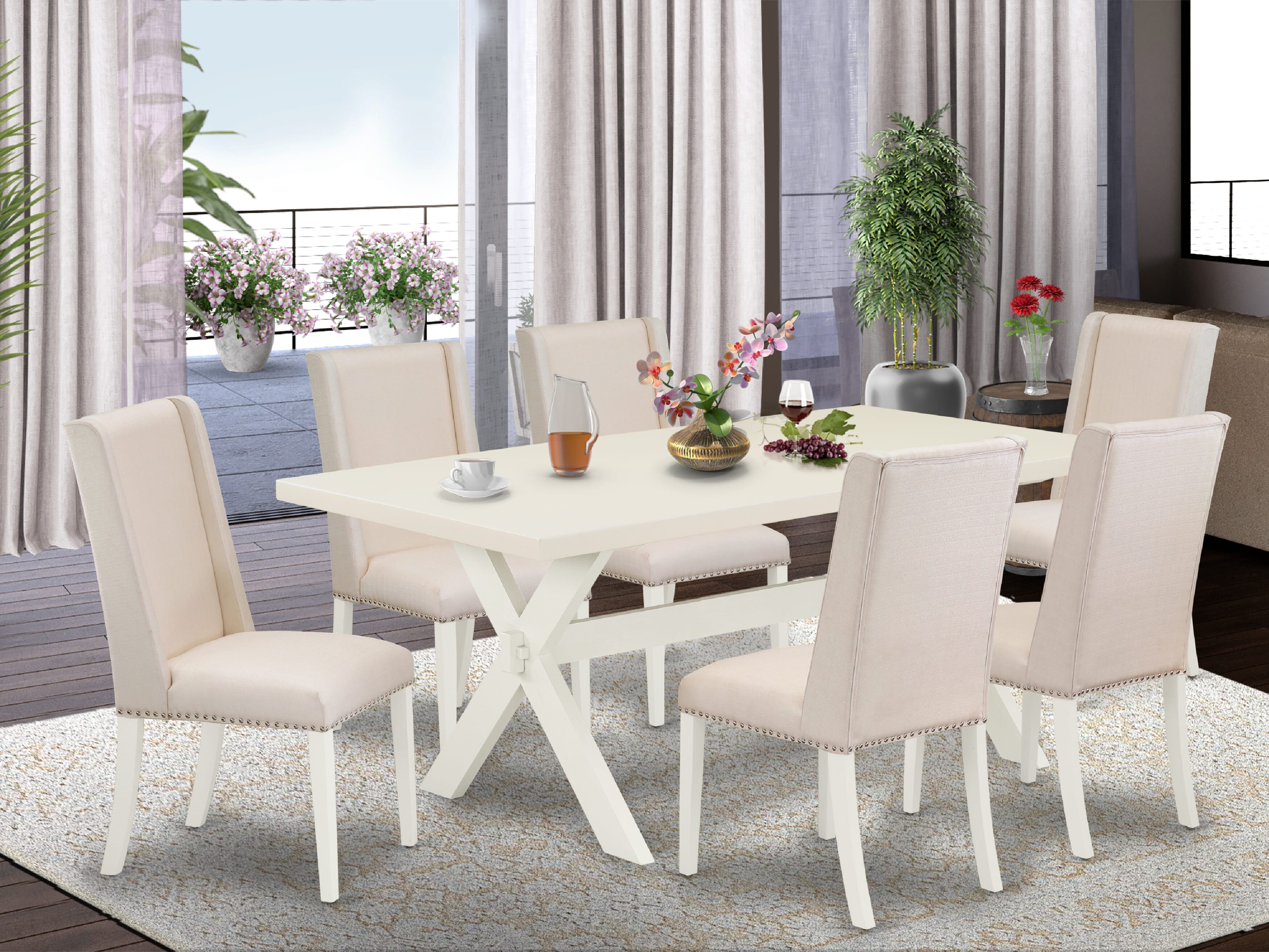 East West Furniture X027FL201-7 7-Pc Dining room Table Set A Fantastic linen white Small Table top And 6 Fantastic Kitchen chairs With Nail Heads And High Stylish Chair Back, linen white Finish
