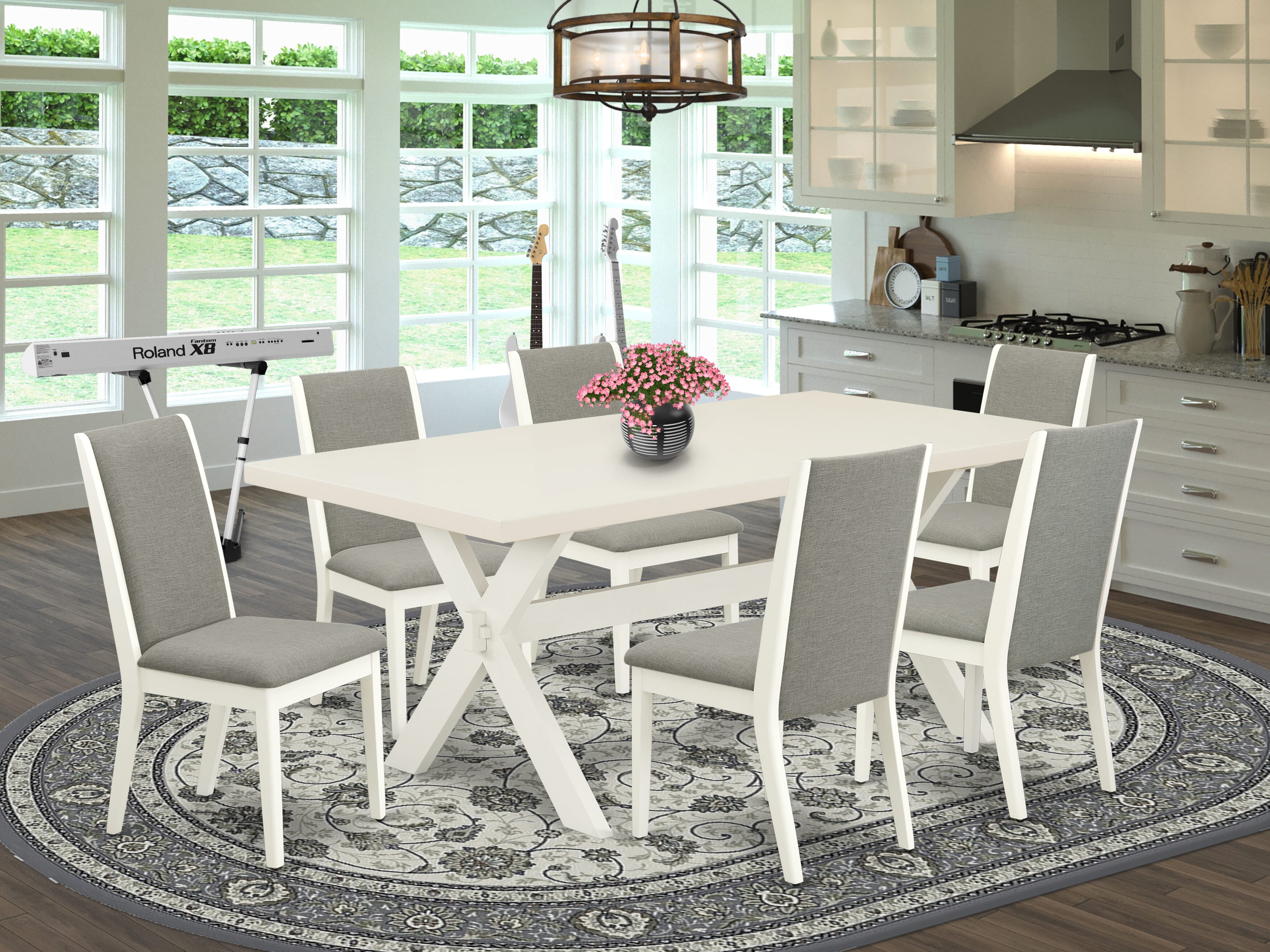 Juego de comedor de 7 piezas East West Furniture X027LA206-7 compuesto por una mesa de comedor rectangular con patas en forma de X y 6 sillas tapizadas en tela de lino shitake.