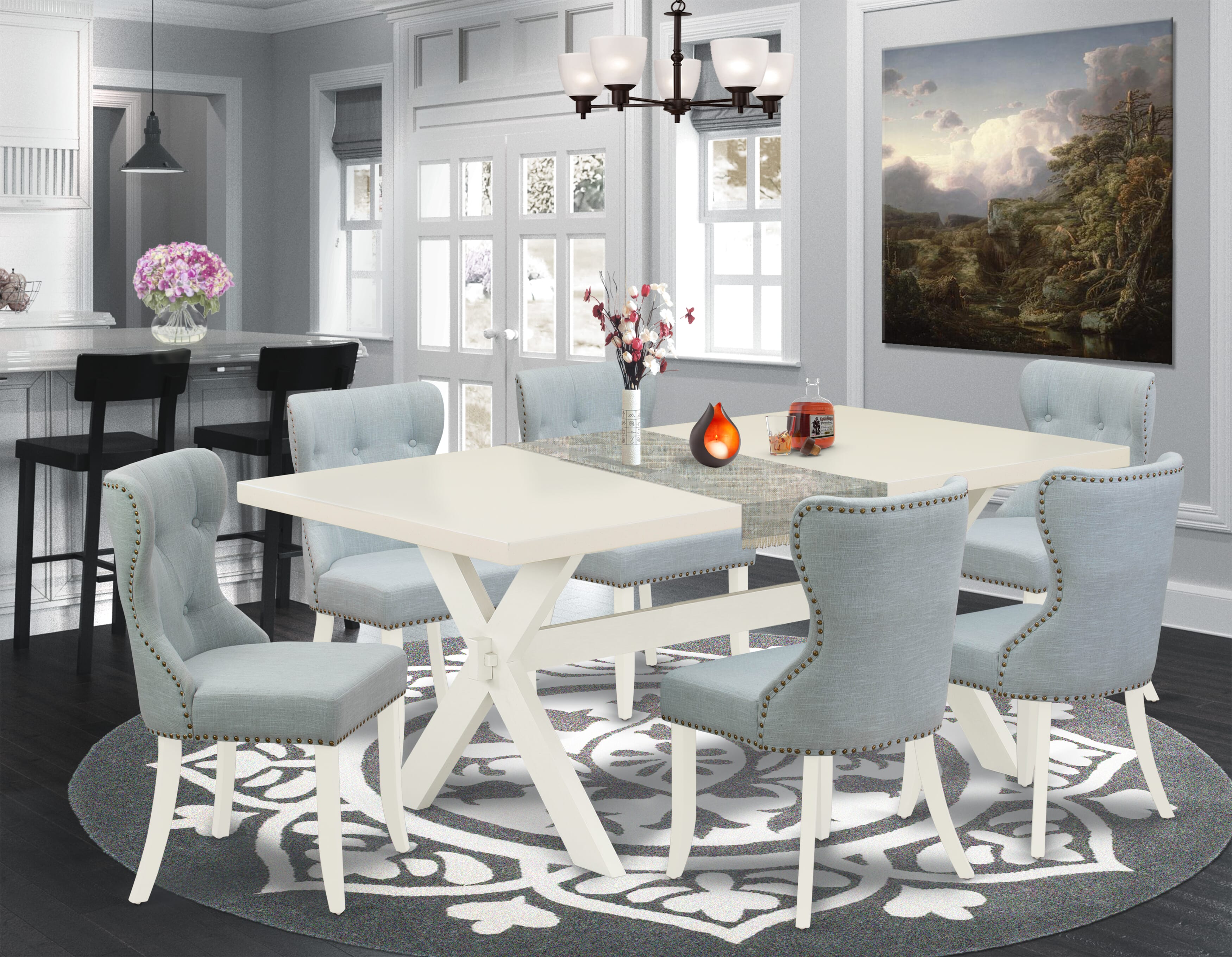 East West Furniture 7-Pc Modern Dining Set- 6 Dining Chairs with Baby Blue Linen Fabric Seat and Button Tufted Chair Back - Rectangular Table top & Wooden Cross Legs (linen white Finish)