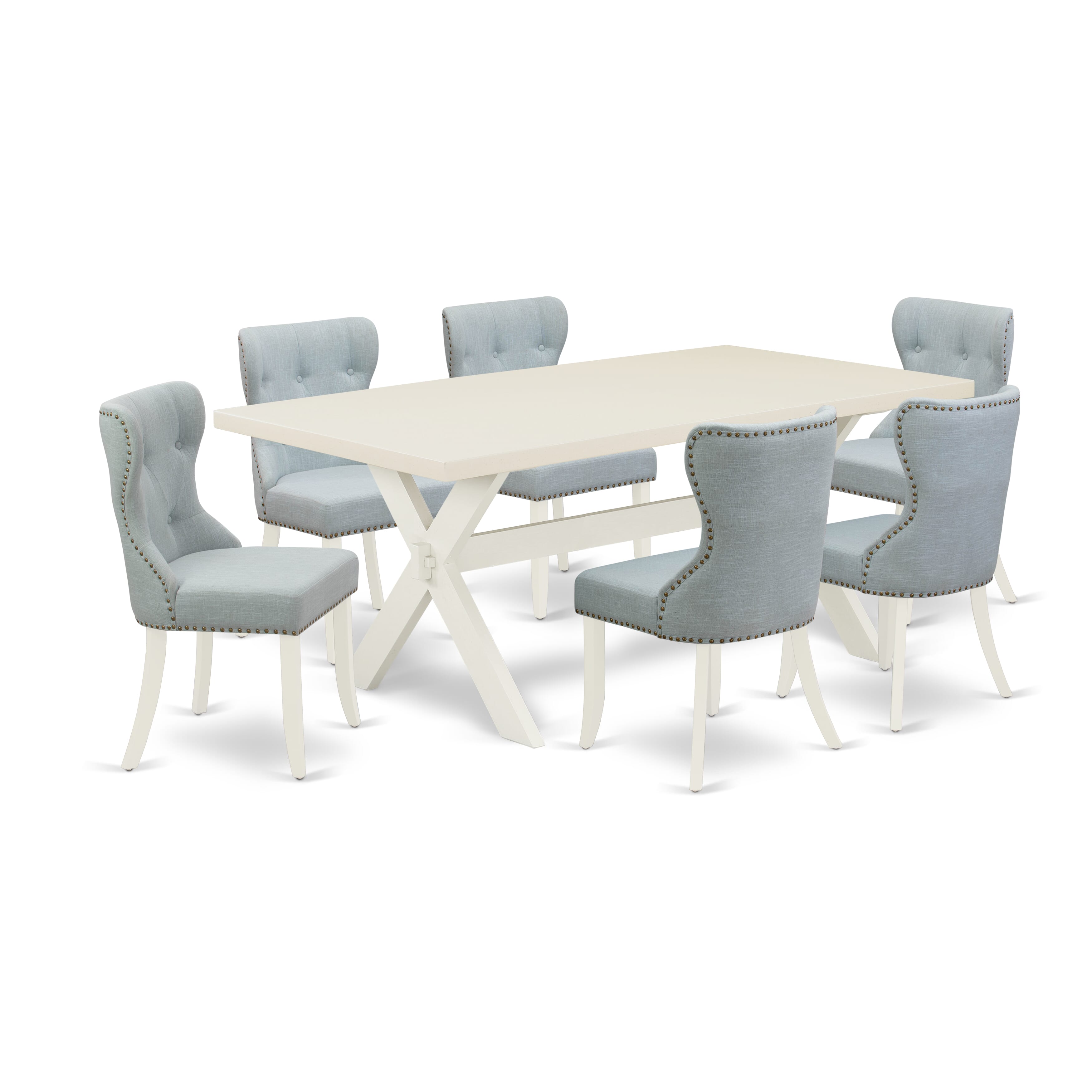 East West Furniture 7-Pc Modern Dining Set- 6 Dining Chairs with Baby Blue Linen Fabric Seat and Button Tufted Chair Back - Rectangular Table top & Wooden Cross Legs (linen white Finish)