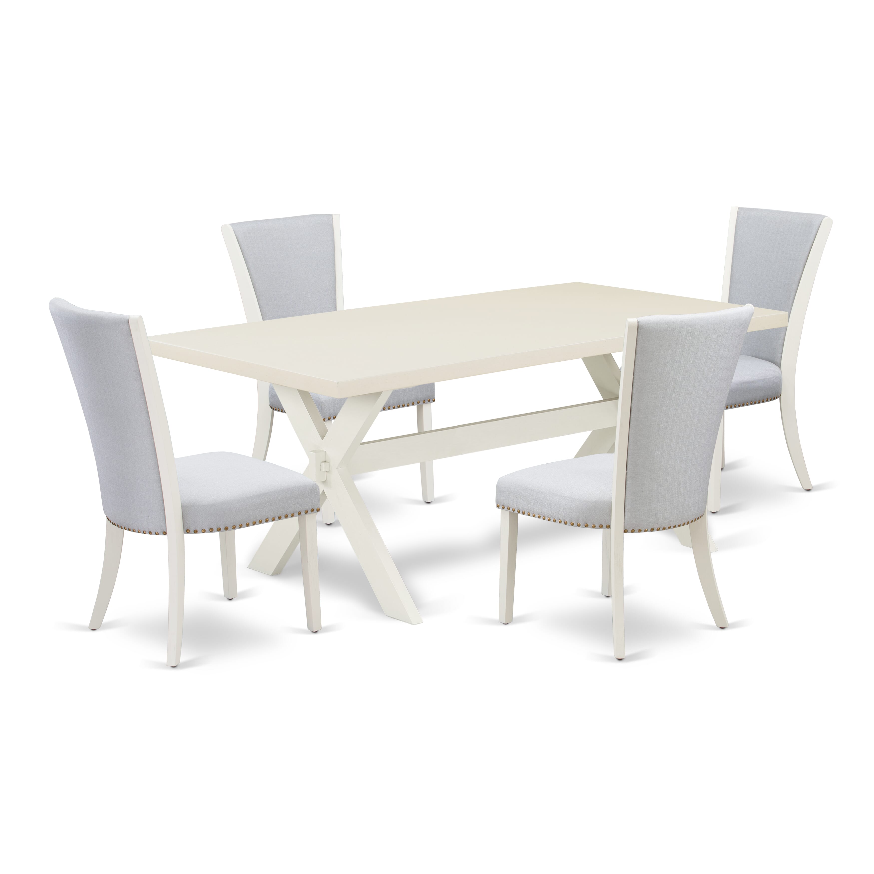 Juego de mesa de comedor de 5 piezas East West Furniture X027VE005-5. Incluye una mesa de cocina rectangular con patas en forma de X y 4 sillas de comedor Parsons de tela de lino gris.