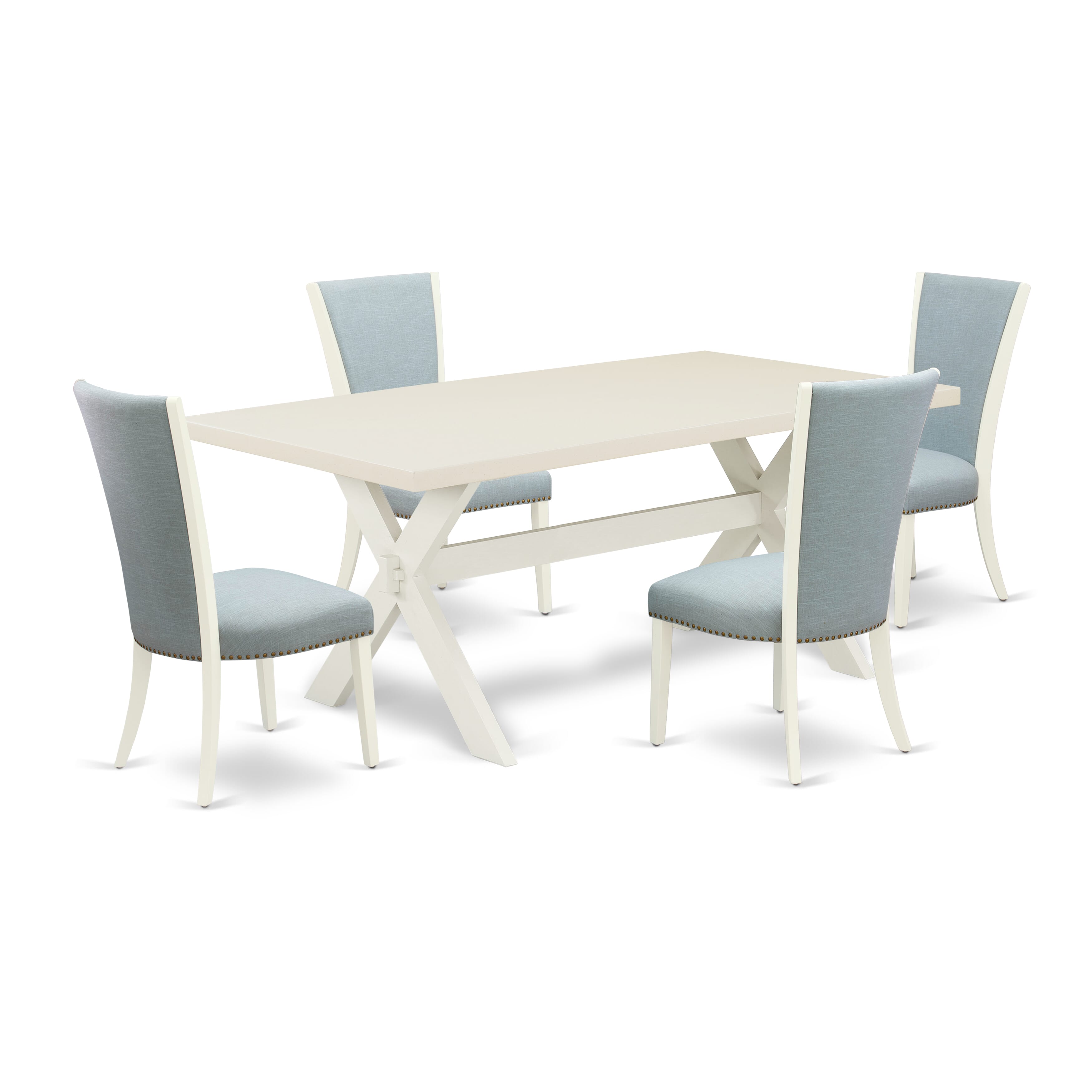 Juego de mesa y sillas de cocina de 5 piezas East West Furniture X027VE215-5. Incluye una mesa de comedor rectangular con patas en forma de X y 4 sillas Parsons de tela de lino azul bebé.