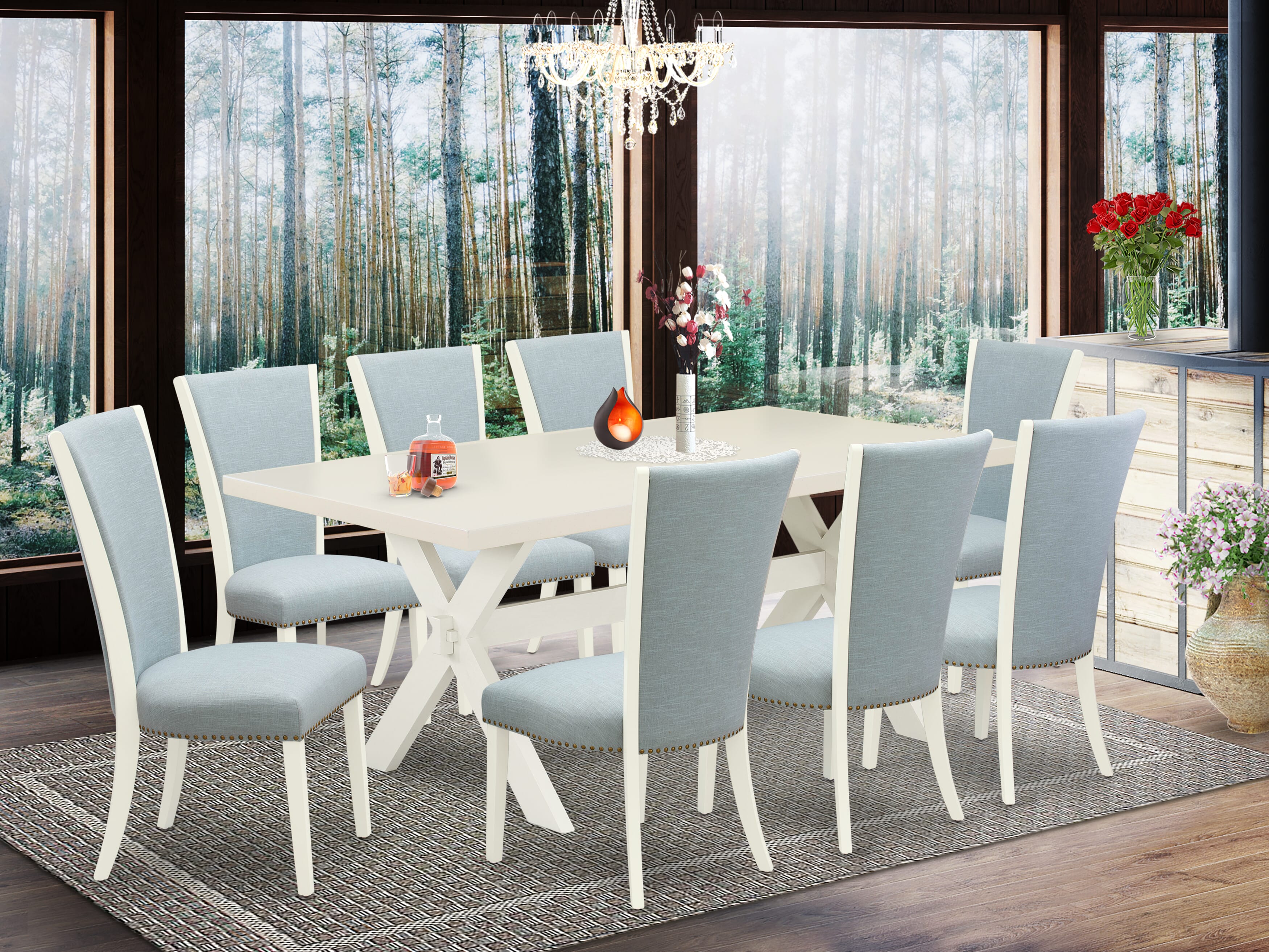 East West Furniture X027VE215-9 9 Piece Mid Century Dining Set - 8 Baby Blue Linen Fabric Dinning Chairs with Nailheads and linen white Dining Table - linen white Finish