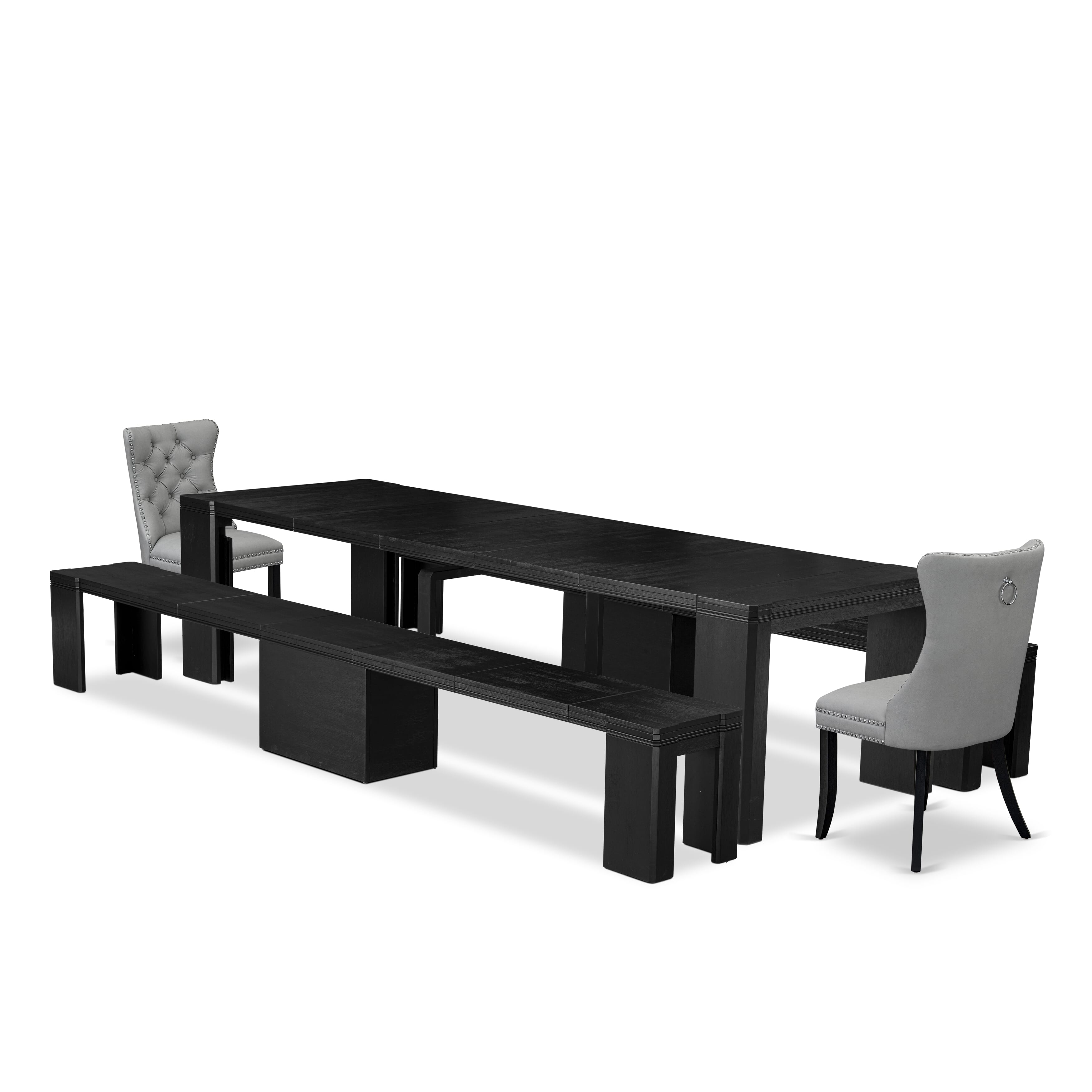 X02DA-206-27 5-piece Xtenczar Dining Table Set a Rectangular Kitchen Table and 2 wooden Benhes and 2 Light Gray Faux Leather Dining Room Chair, Wire Brushed Black