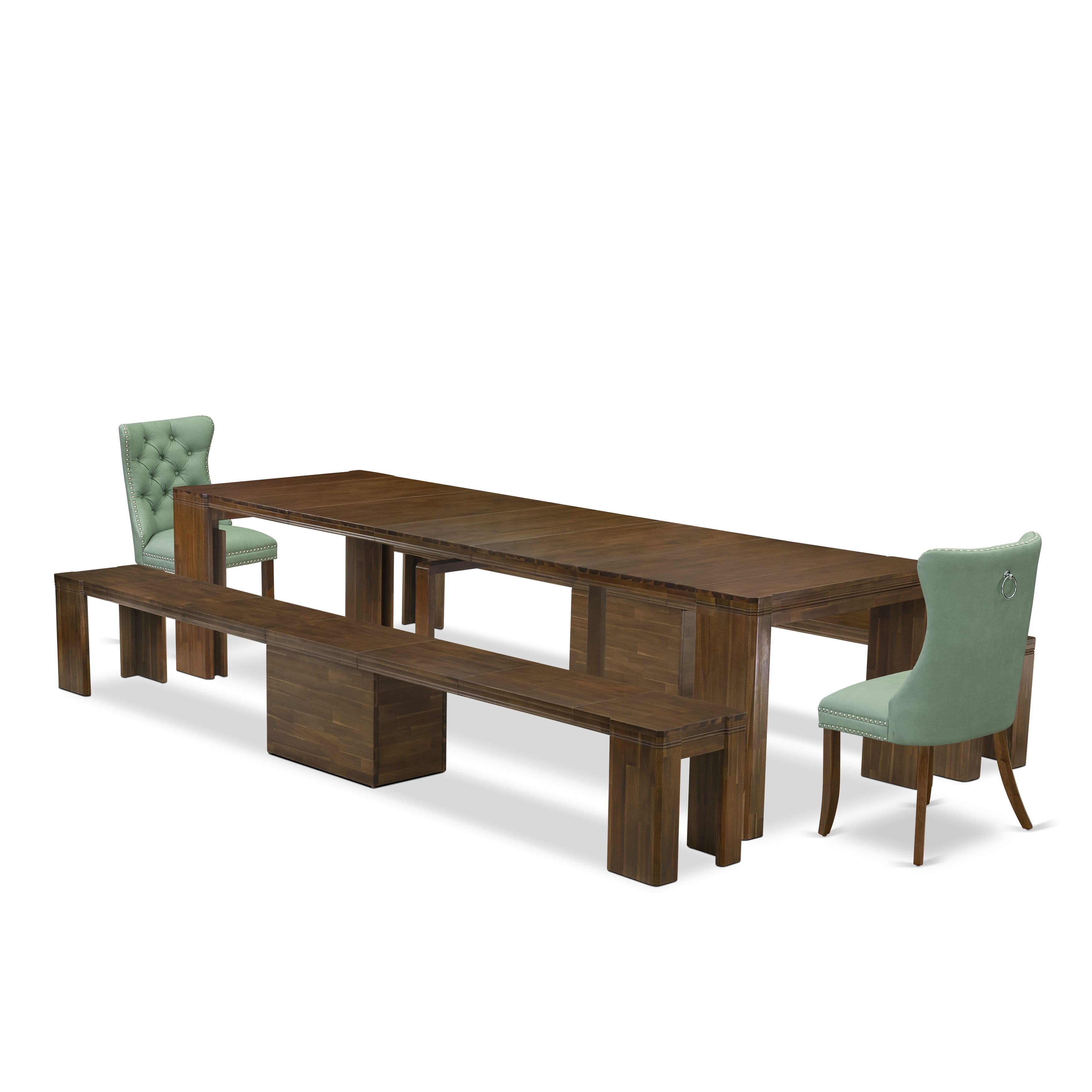X02DA-208-22-5 Pieces Extendable Dining Set Includes a Rectangle Xtenczar Dinner Table, 2 Willow Green Faux Leather Dining Chairs and 2 Modern Benches, Antique Walnut