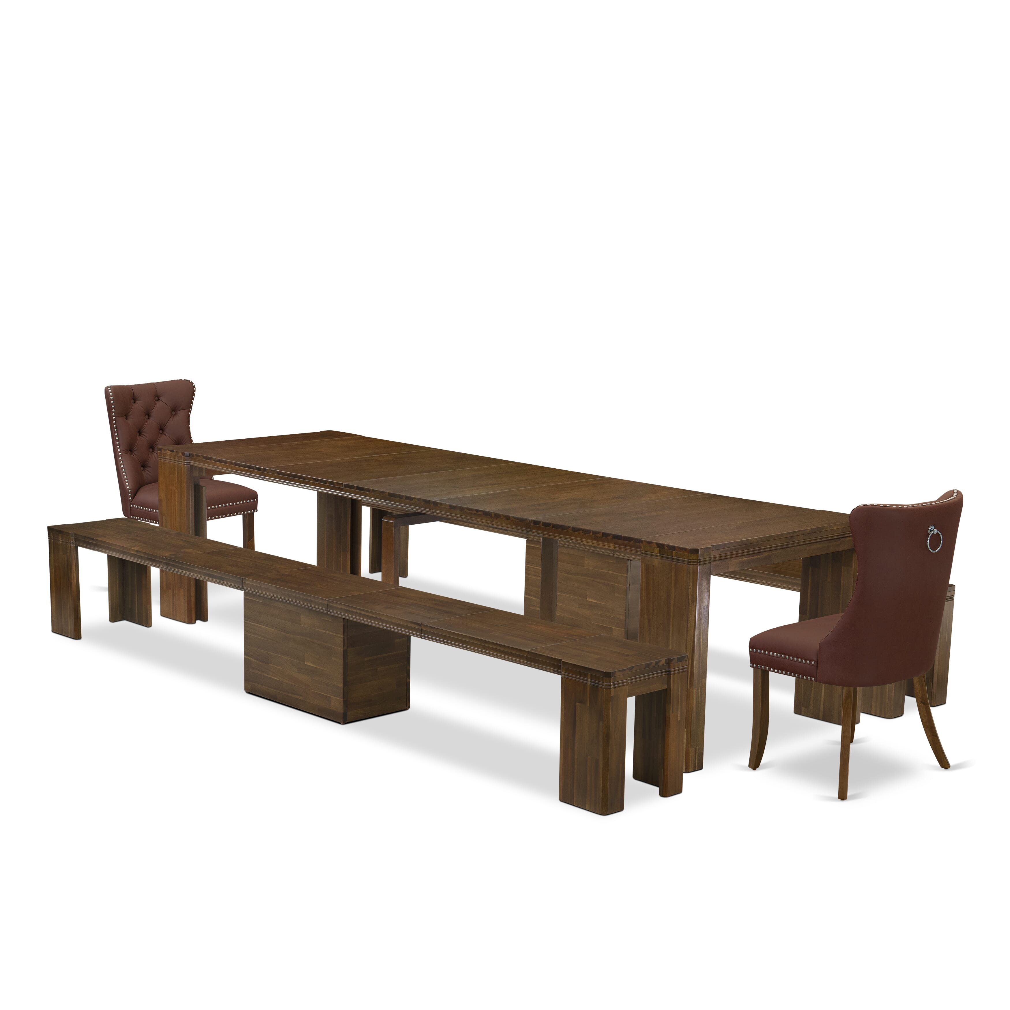 X02DA-208-26-5 Pieces Extendable Dining Set Includes a Rectangle Xtenczar Kitchen Table, 2 Burgundy Faux Leather Dining Chairs and 2 Modern Benches, Antique Walnut