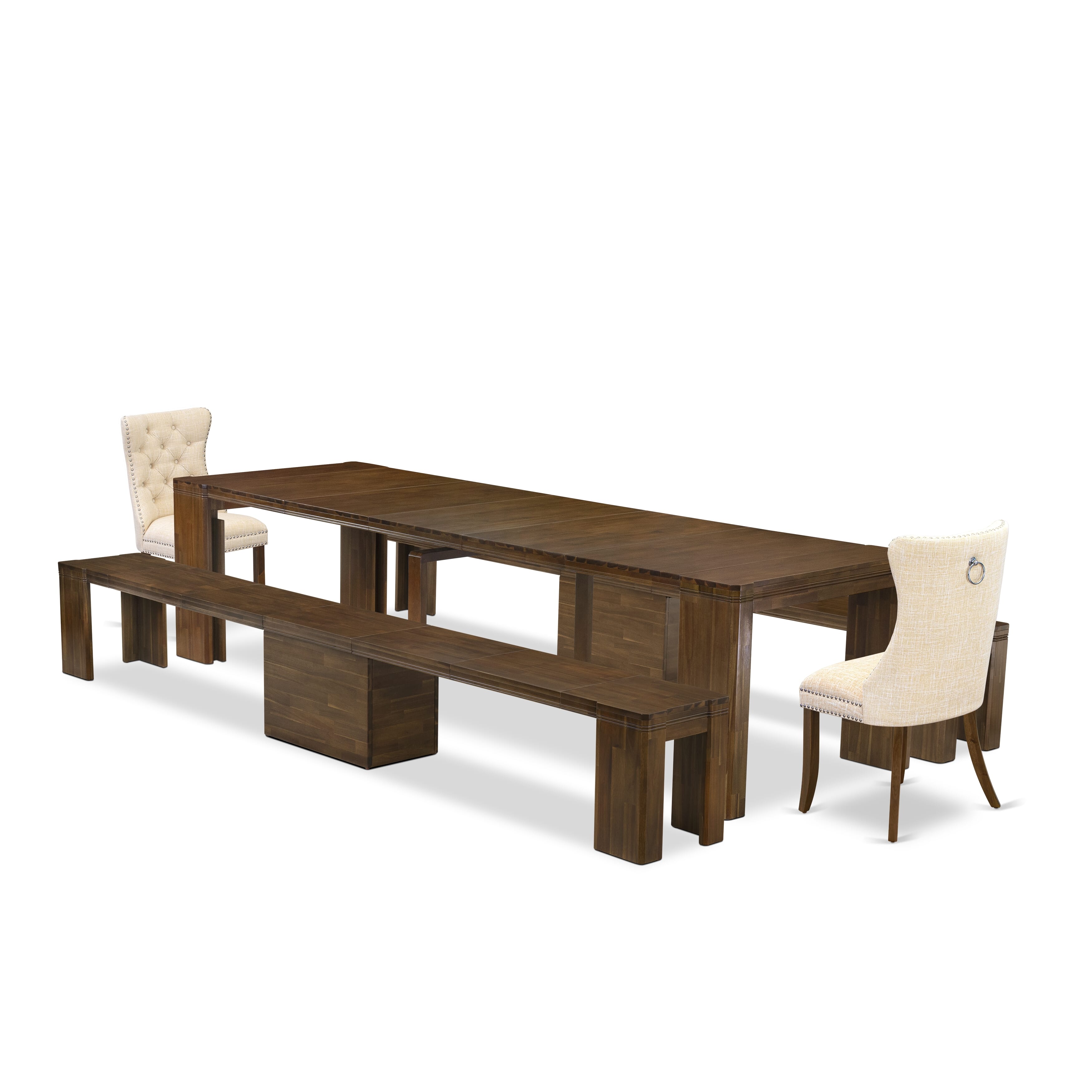 X02DA-208-32 -5 Pieces Extendable Dining Set Includes a Rectangle Xtenczar Table, 2 Light Beige Linen Fabric Dining Chairs and 2 Modern Benches, Antique Walnut