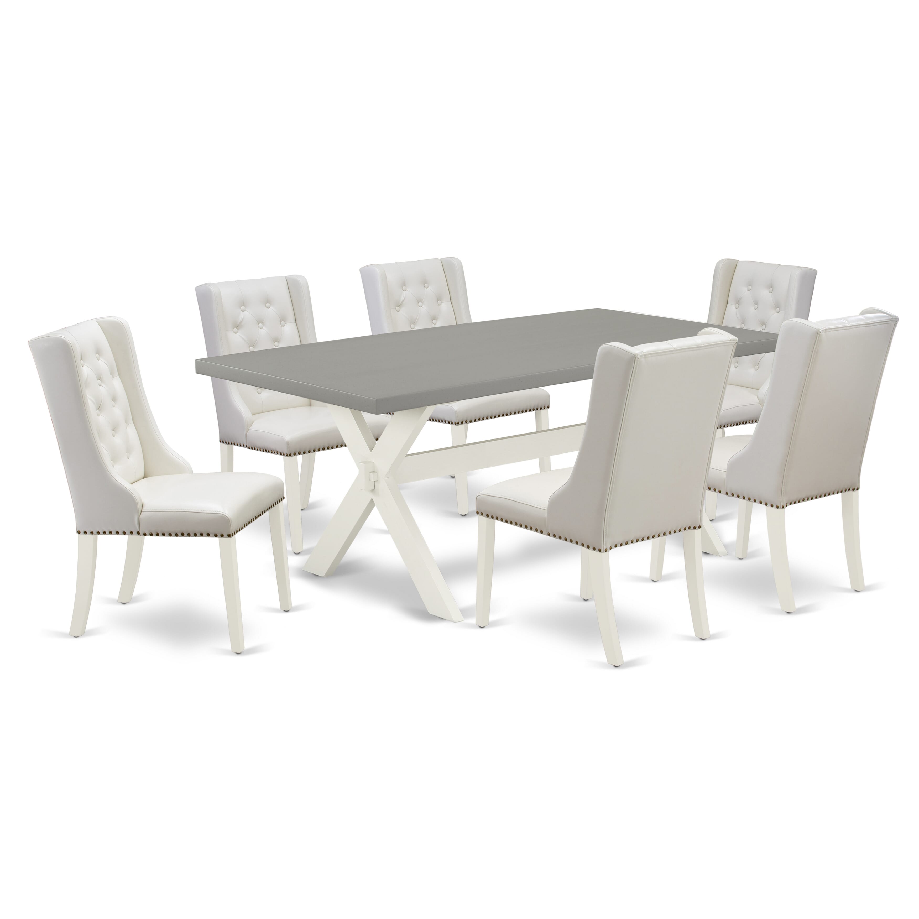 East West Furniture X097FO244-7 7-Piece Kitchen Table Set Consists of 6 Linen white Pu faux Leather Upholstered Dining Chairs with Nailheads and Modern Dining Table - linen white Finish