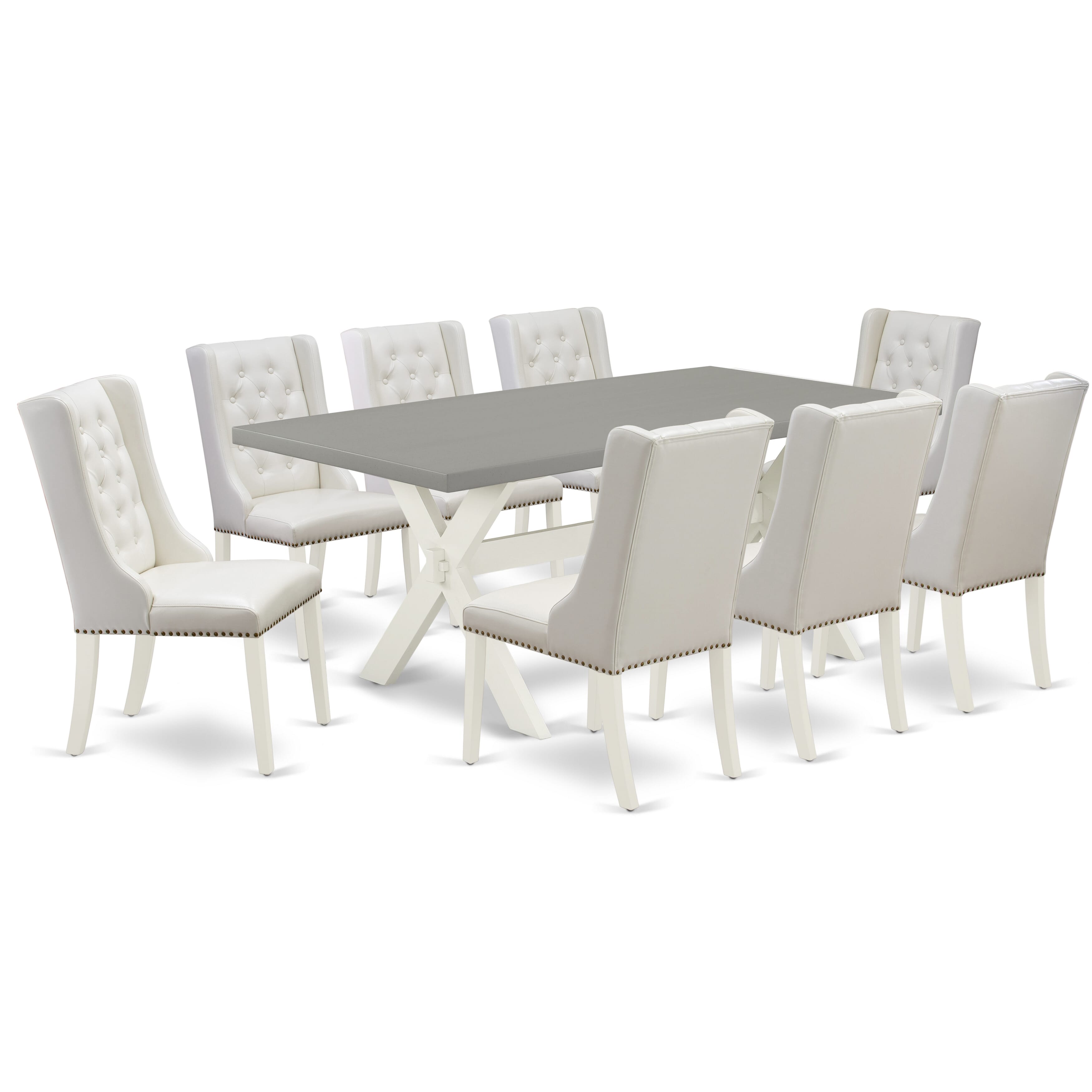 East West Furniture X097FO244-9 9-Piece Dining Room Set Consists of 8 Linen white Pu faux Leather Dining Chairs Button Tufted with Nail heads and Modern Kitchen Table - linen white Finish