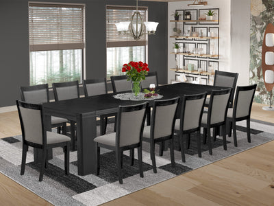 X12MZ-006-50 13-piece Xtenczar Dining Table Set a Rectangular Kitchen Table and 12 Dark Gotham Grey Linen Fabric Dining Chair, Wire Brushed Black