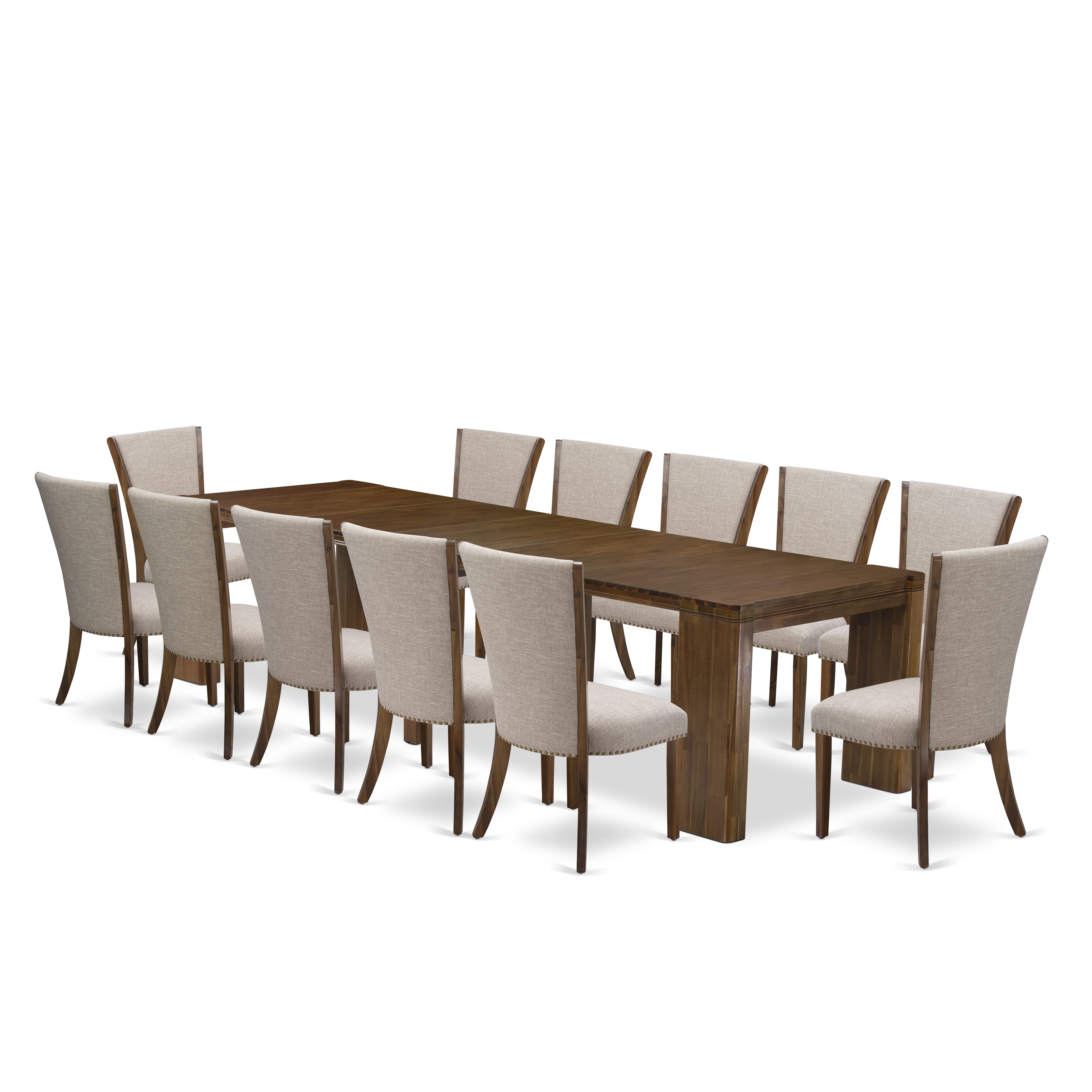 X12VE-008-04-13 Pieces Extendable Dining Set Includes a Rectangle Xtenczar Dining Table and 12 Light Tan Linen Fabric Dining Chairs, Antique Walnut