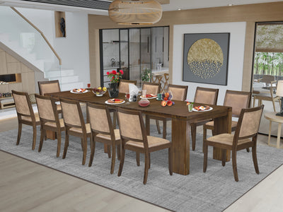 X12X2-008-28 -13 Pieces Extendable Dining Set Includes a Rectangle Xtenczar Kitchen Table and 12 Brown Textured Faux Leather Stackable Dining Chairs, Antique Walnut