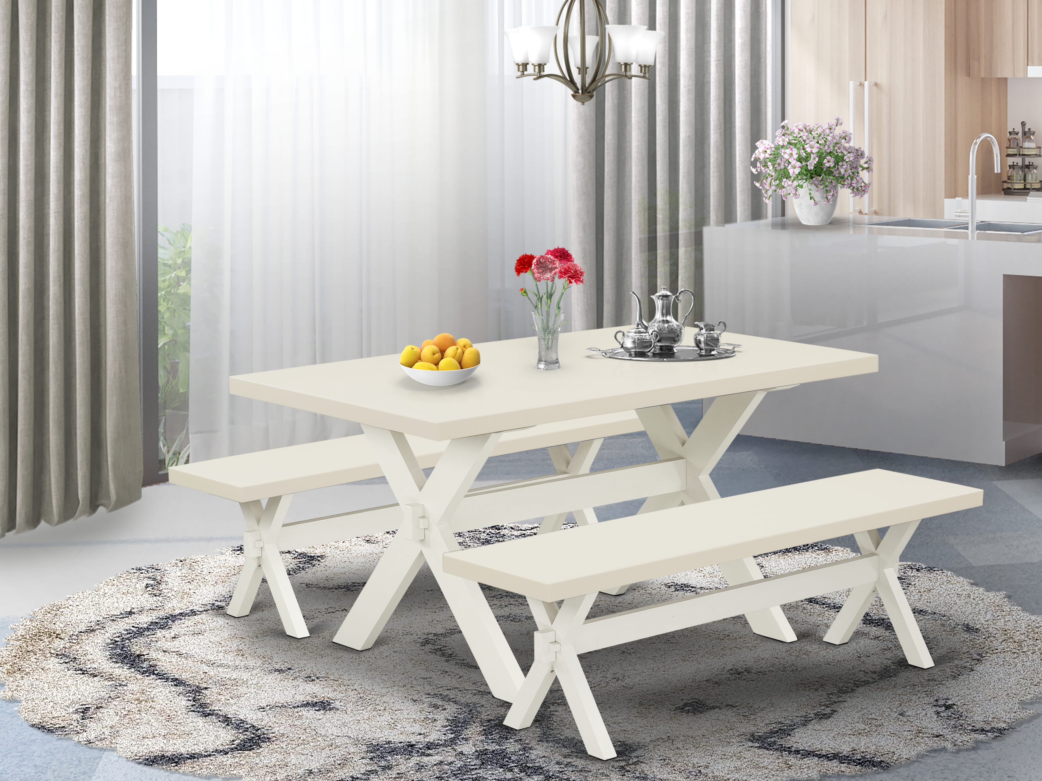 East West Furniture X2-026 3 Piece Kitchen Dining Table Set - 1 Wood Table and 2 Wood Benches - Stable and Sturdy Constructed - linen white Table top and linen white base Finish