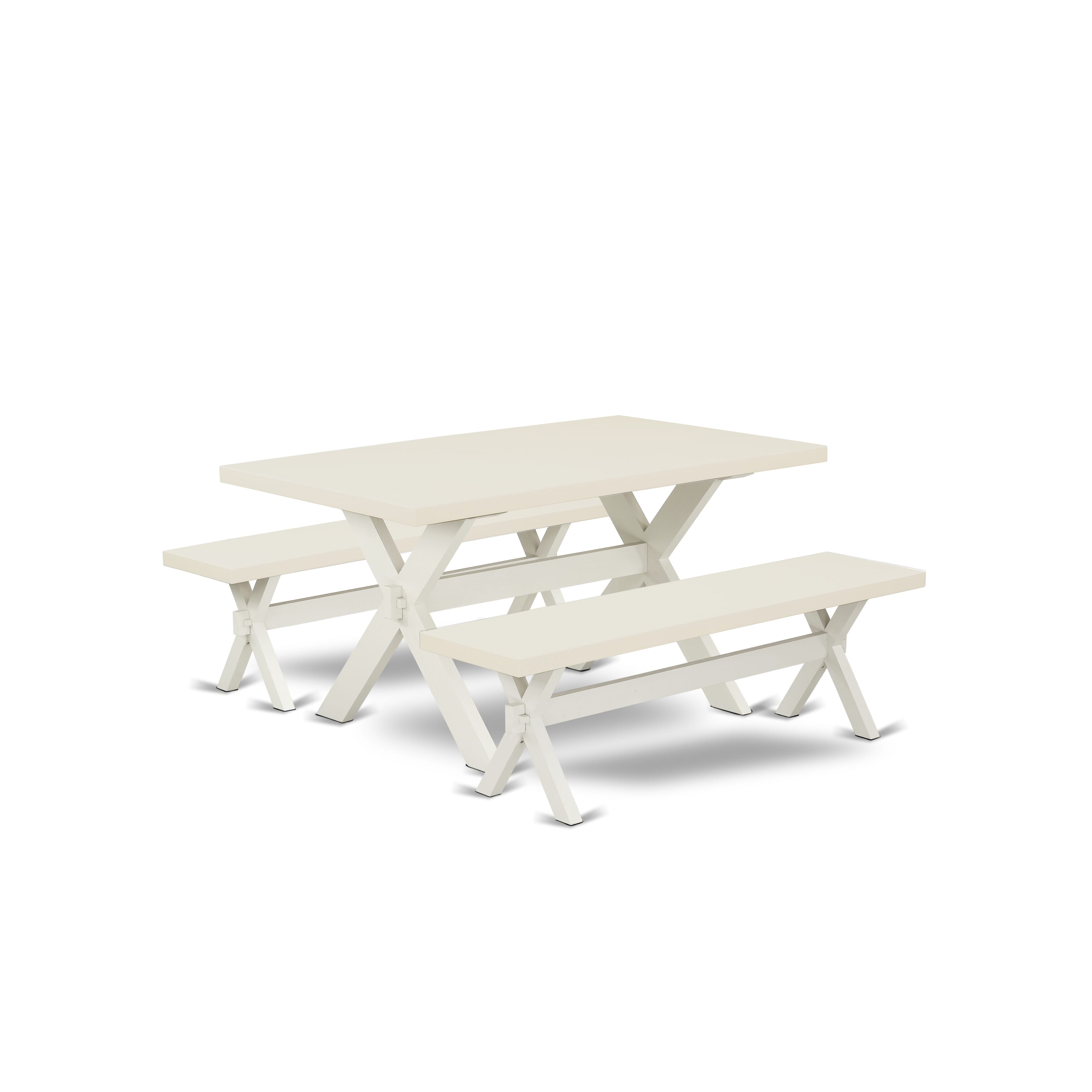 East West Furniture X2-026 3 Piece Kitchen Dining Table Set - 1 Wood Table and 2 Wood Benches - Stable and Sturdy Constructed - linen white Table top and linen white base Finish