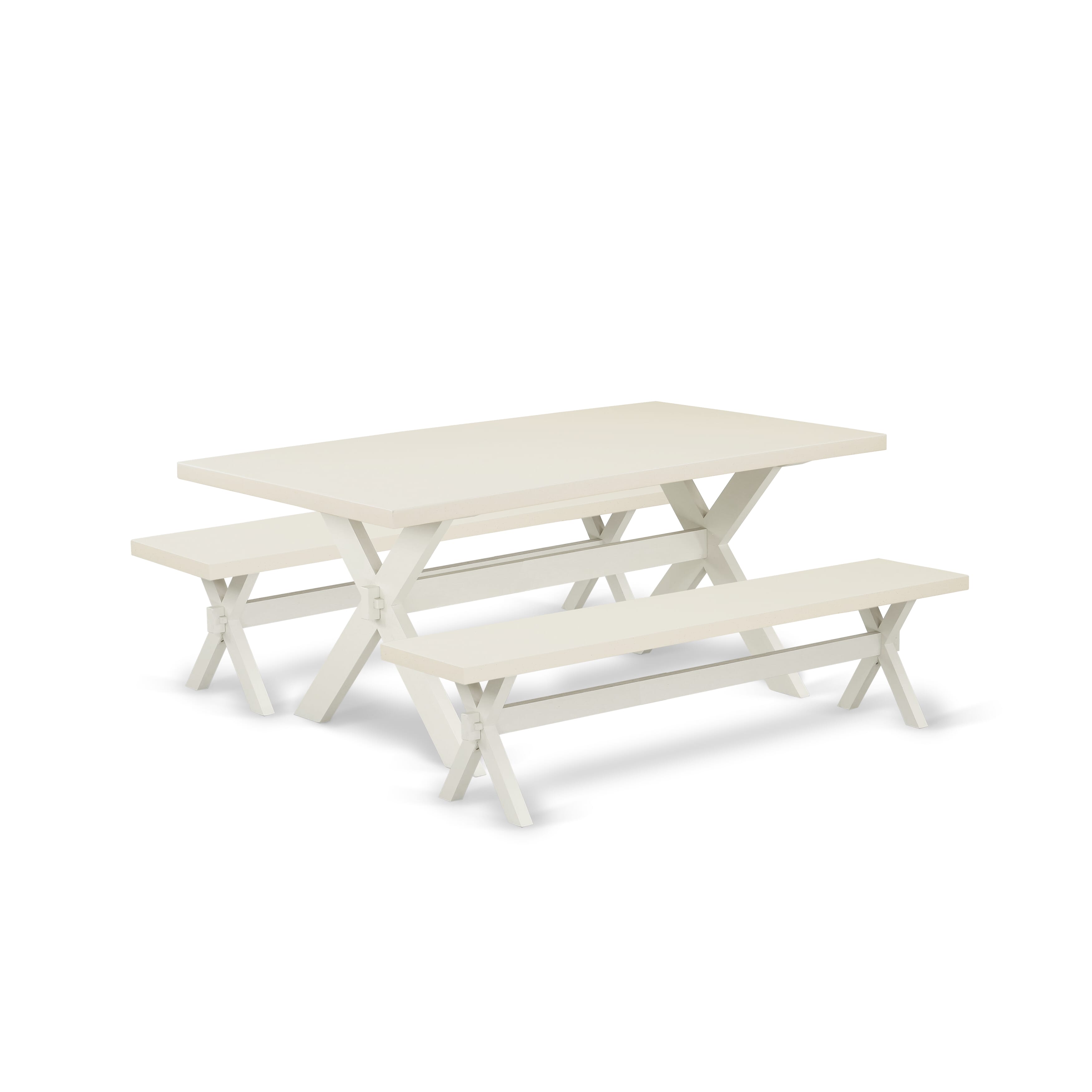 East West Furniture X2-027 3 Piece Dinette Set - 1 Dining Room Table and 2 Dining Table Benches - Reliable and Sturdy Construction - linen white Table top and linen white base Finish