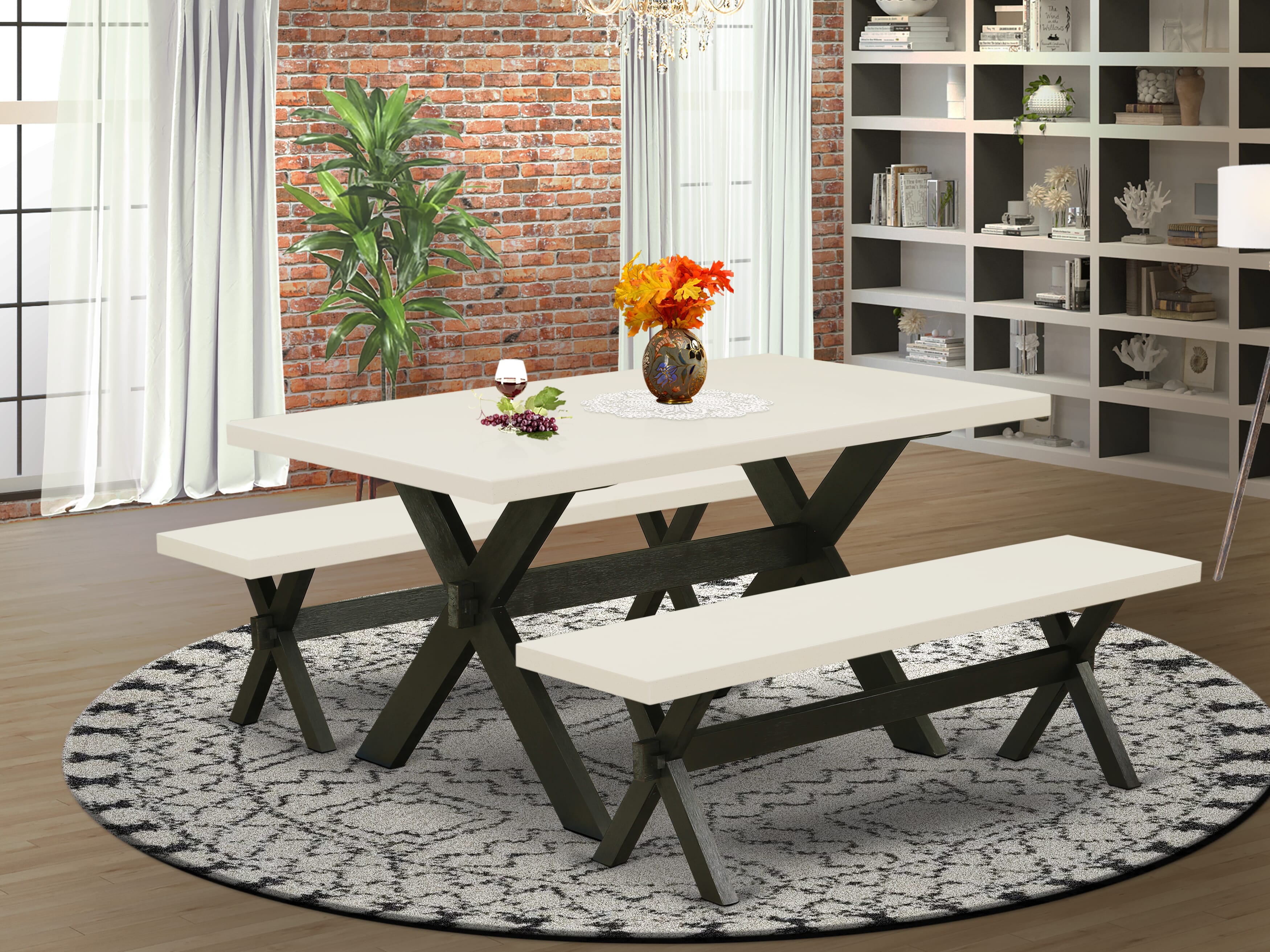 East West Furniture X2-626 3 Piece Kitchen Set - 1 Dining Room Table and 2 Modern Benches - Stable and Sturdy Constructed - linen white Table top and Wire Brushed Black base Finish