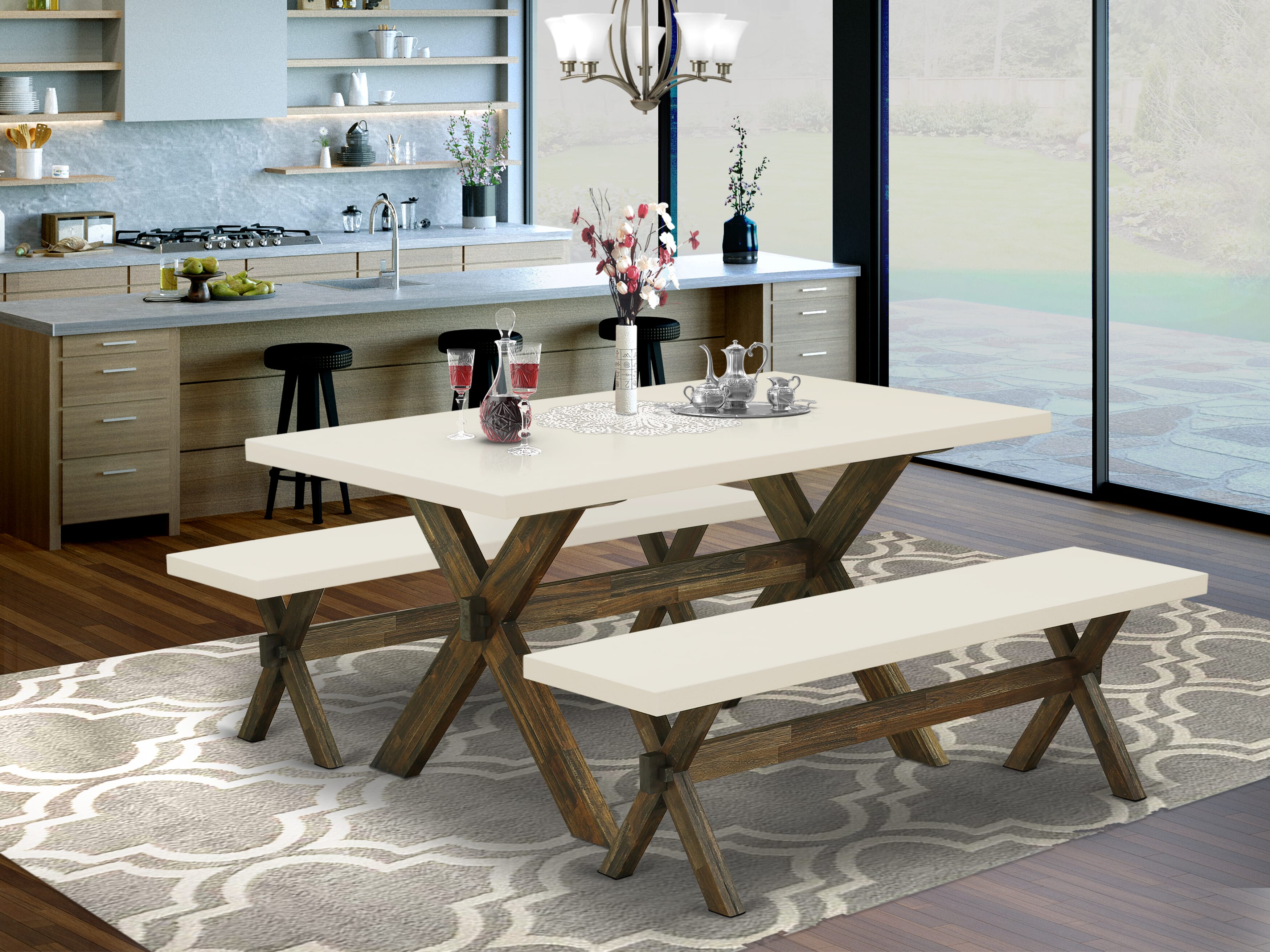 East West Furniture X2-726 3 Piece Dining Room Table Set - 1 Small Kitchen Table and 2 Small Wooden Benches - linen white Table top and Distressed Jacobean base Finish