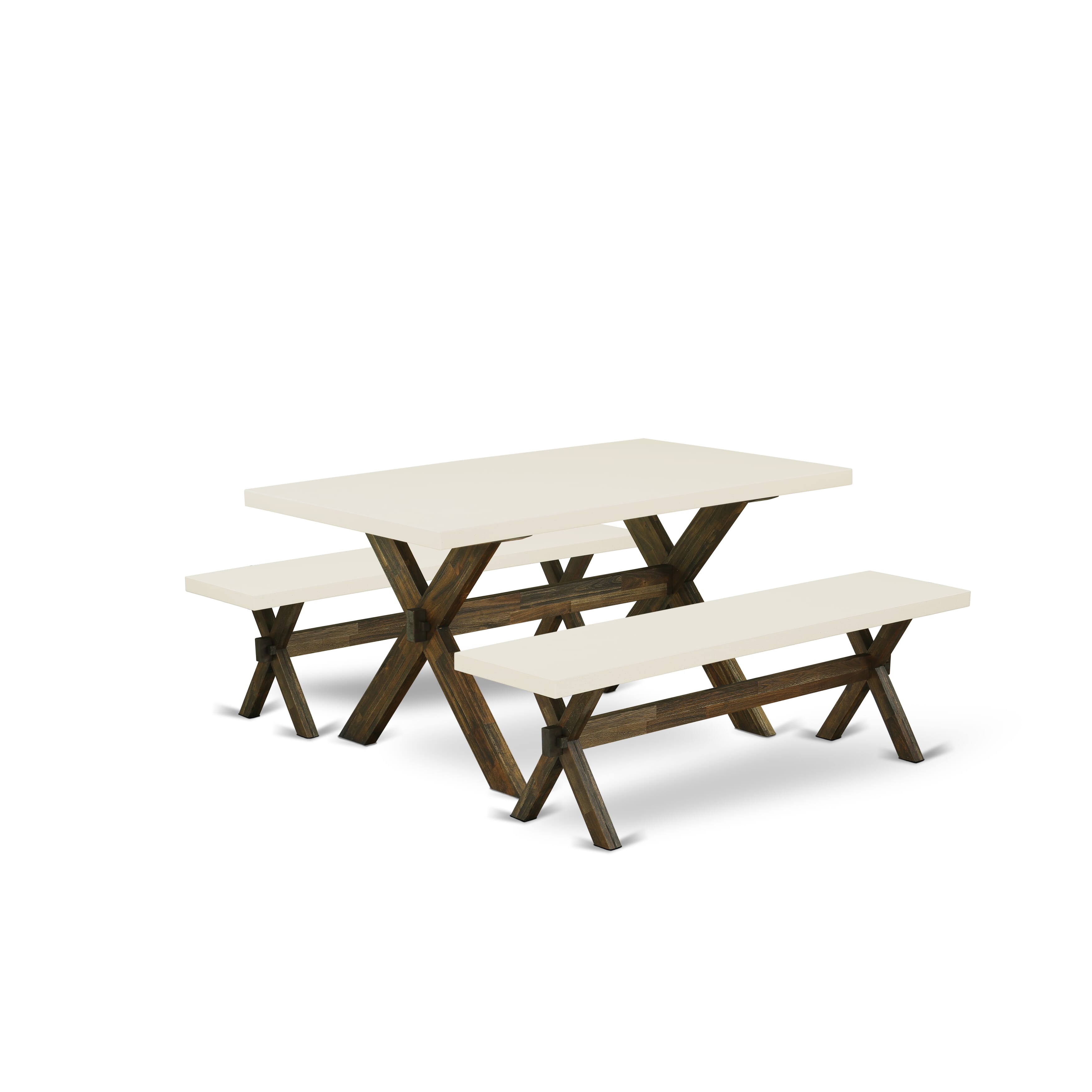 East West Furniture X2-726 3 Piece Dining Room Table Set - 1 Small Kitchen Table and 2 Small Wooden Benches - linen white Table top and Distressed Jacobean base Finish