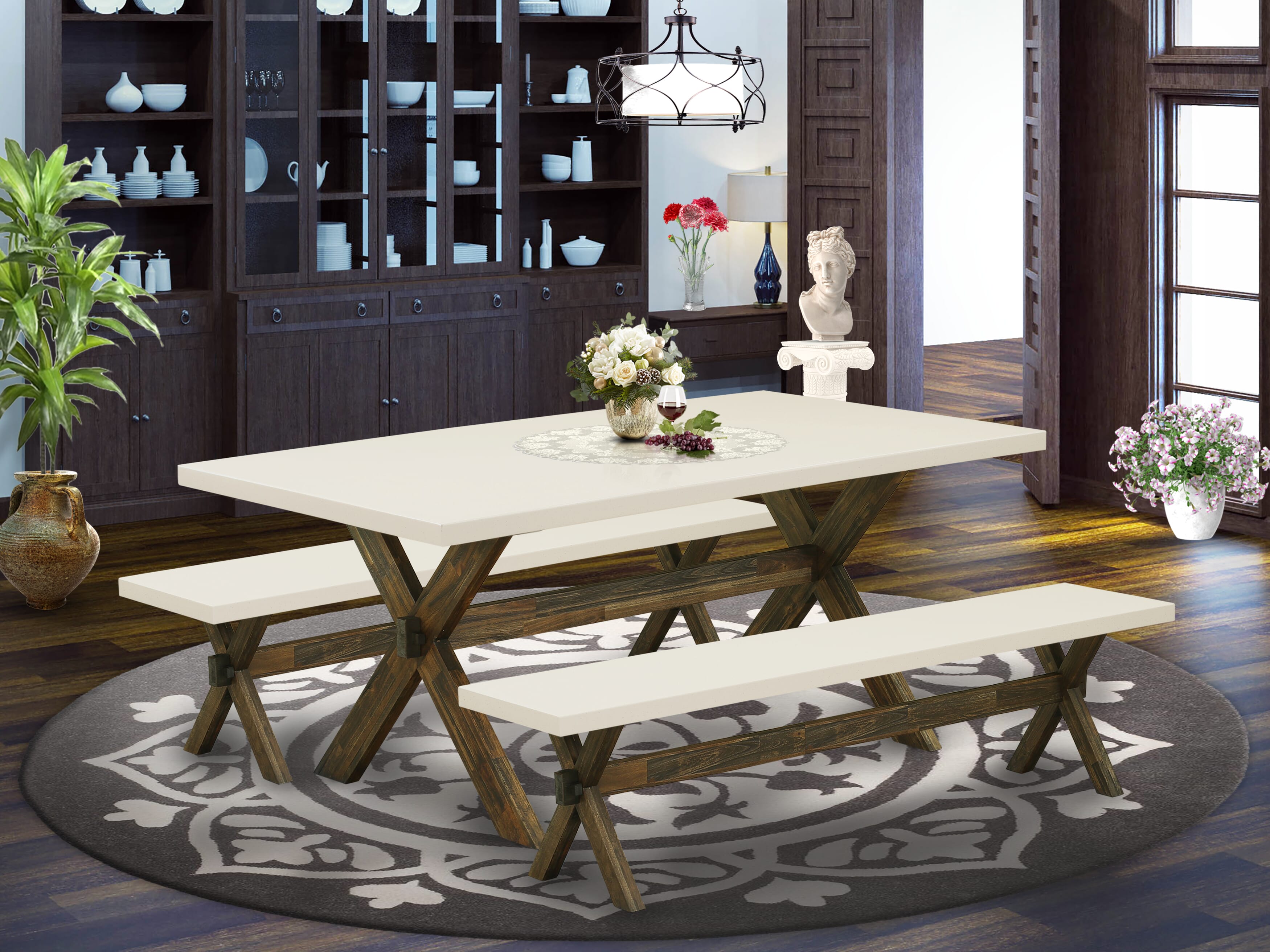 East West Furniture X2-727 3 Piece Modern Dining Table Set - 1 Dinning Table and 2 Dining Room Bench - Stable and Sturdy Construction - linen white Table top and Distressed Jacobean base Finish