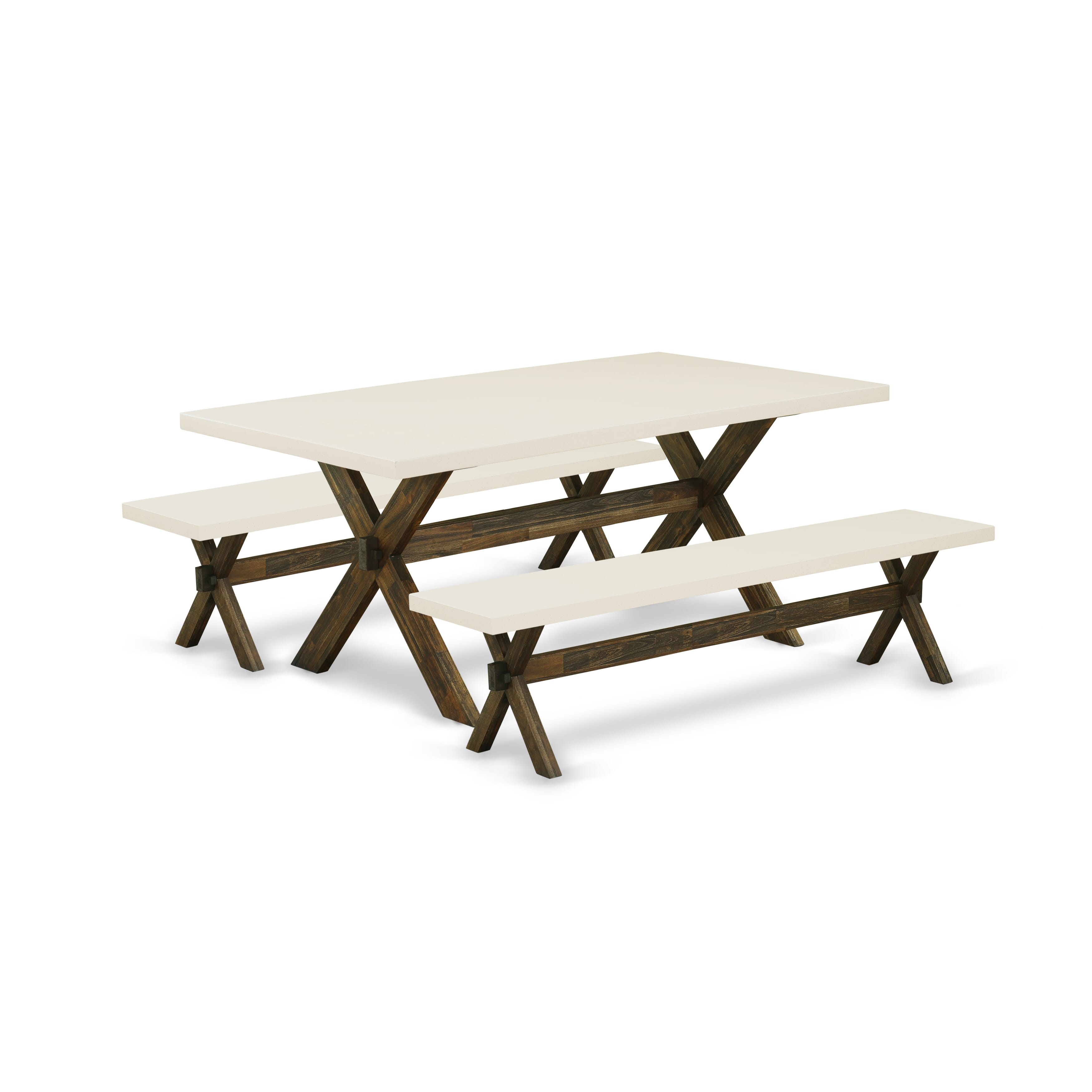 East West Furniture X2-727 3 Piece Modern Dining Table Set - 1 Dinning Table and 2 Dining Room Bench - Stable and Sturdy Construction - linen white Table top and Distressed Jacobean base Finish