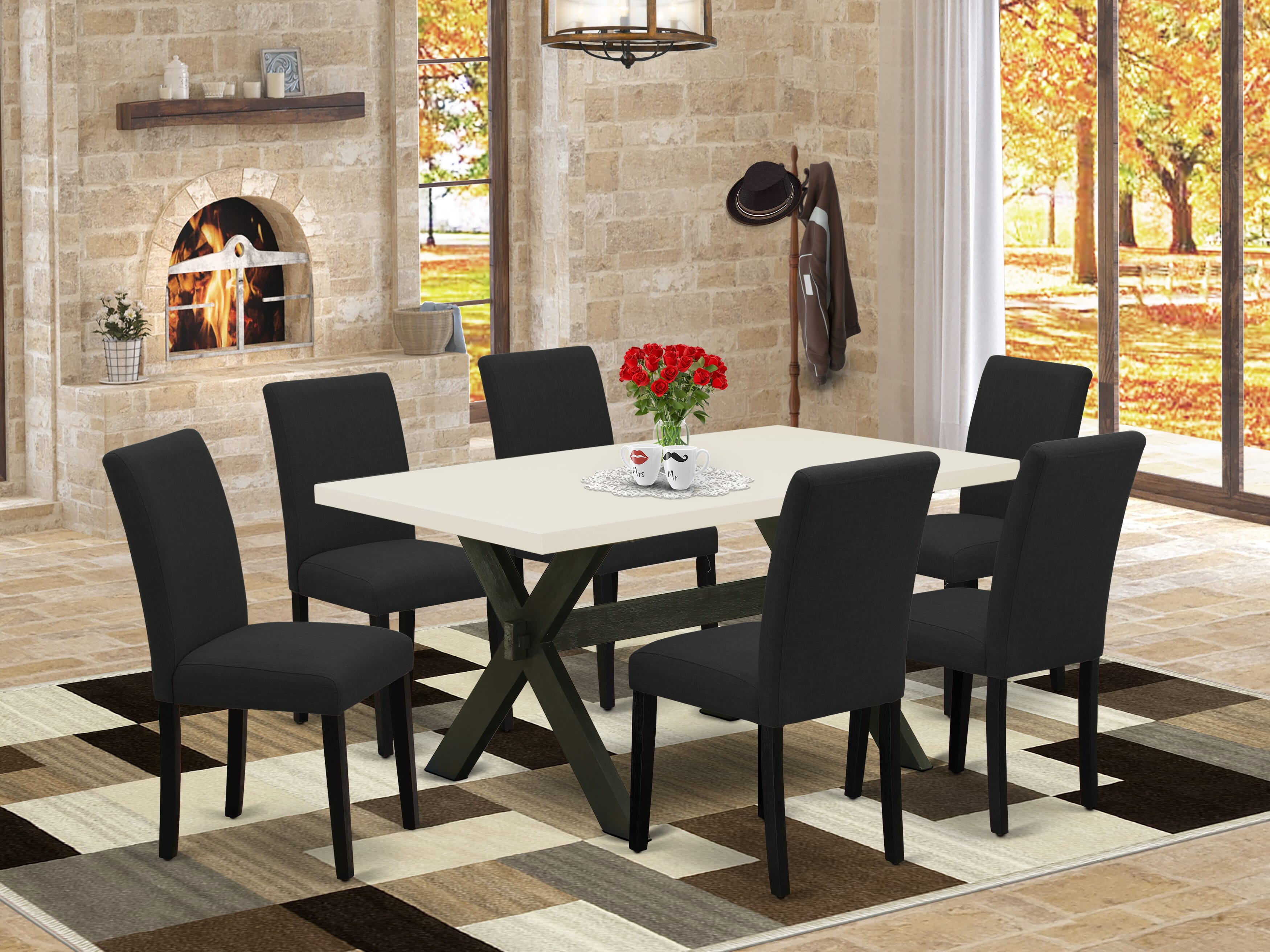 Juego de comedor East West Furniture X626AB624-7 de 7 piezas compuesto por una mesa de comedor rectangular con patas en forma de X y 6 sillas Parson tapizadas en tela de lino de color negro.