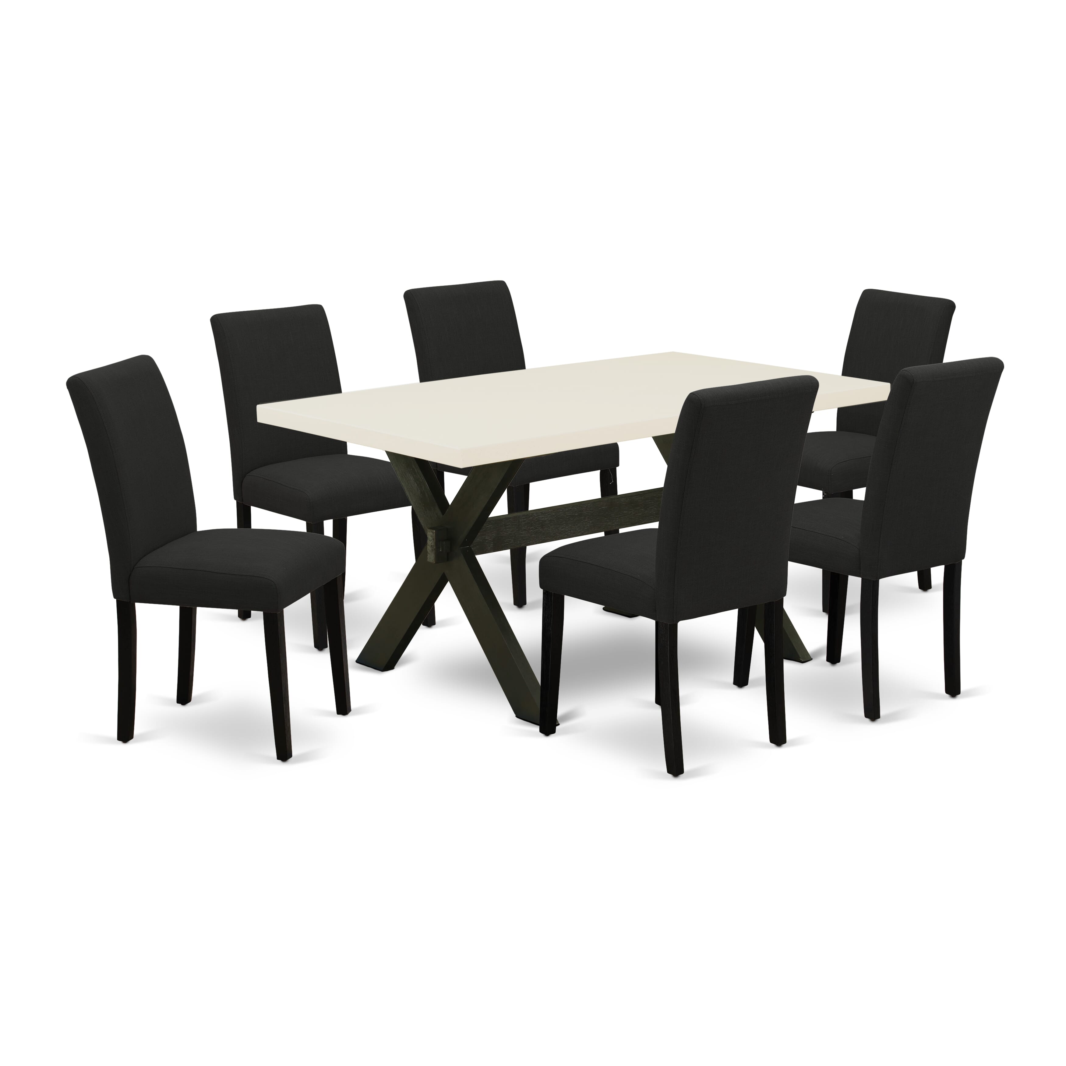 Juego de comedor East West Furniture X626AB624-7 de 7 piezas compuesto por una mesa de comedor rectangular con patas en forma de X y 6 sillas Parson tapizadas en tela de lino de color negro.
