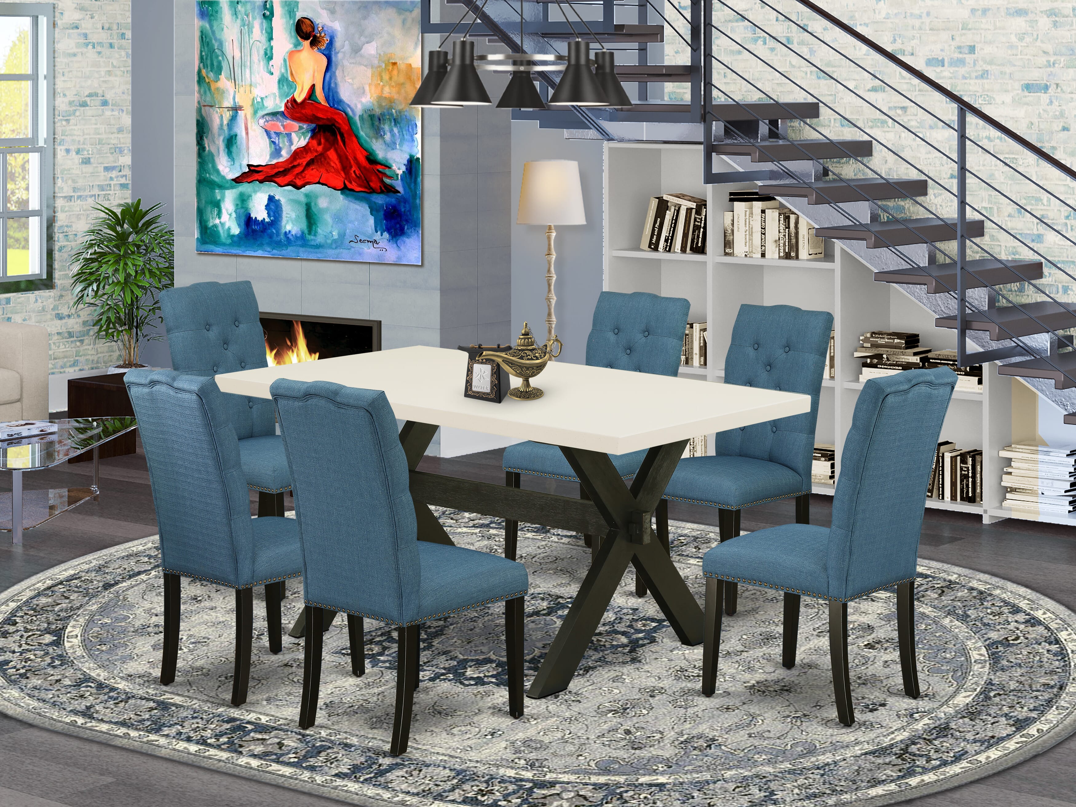East West Furniture X626EL121-7 7-Piece Dining Room Table Set with Dining Table - 6 Linen Fabric Parson Chairs (Wire Brushed Black Finish)