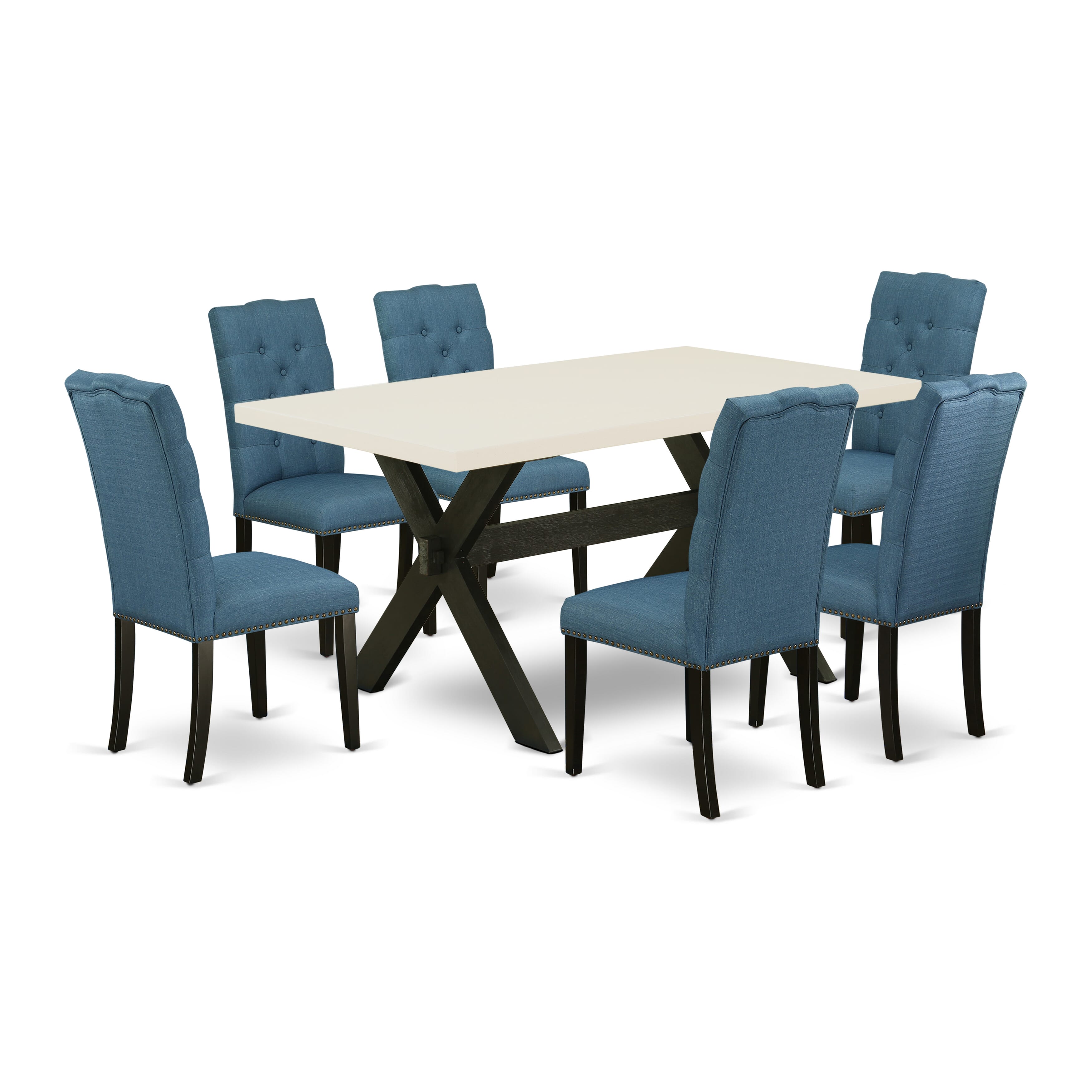 East West Furniture X626EL121-7 7-Piece Dining Room Table Set with Dining Table - 6 Linen Fabric Parson Chairs (Wire Brushed Black Finish)