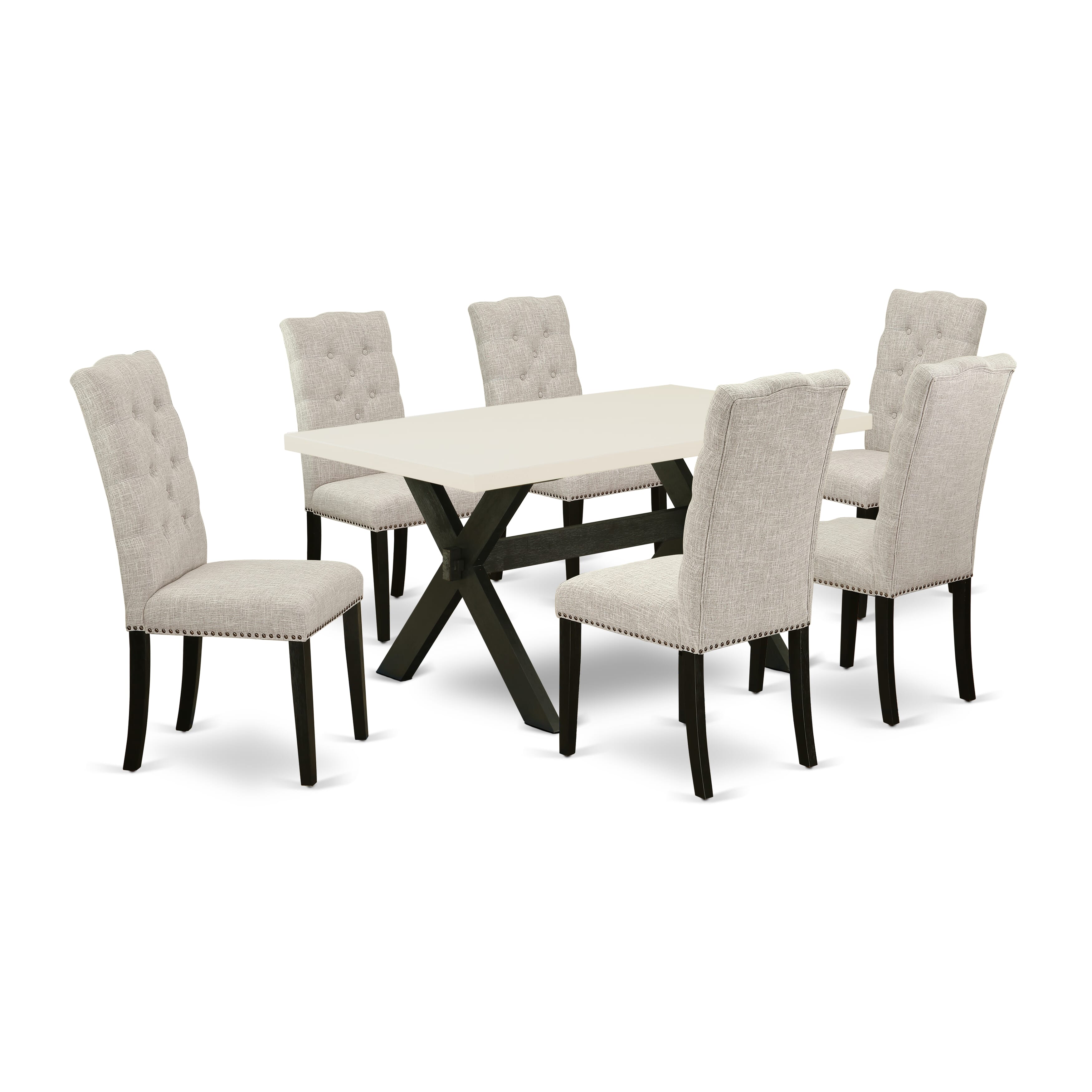 East West Furniture X626EL635-7 7-Piece Dining room Table Set a beautiful linen white Dining Table top and 6 Wonderful Parson Dining chairs with Nail Heads and Button Tufted, Wire Brushed Black Finish