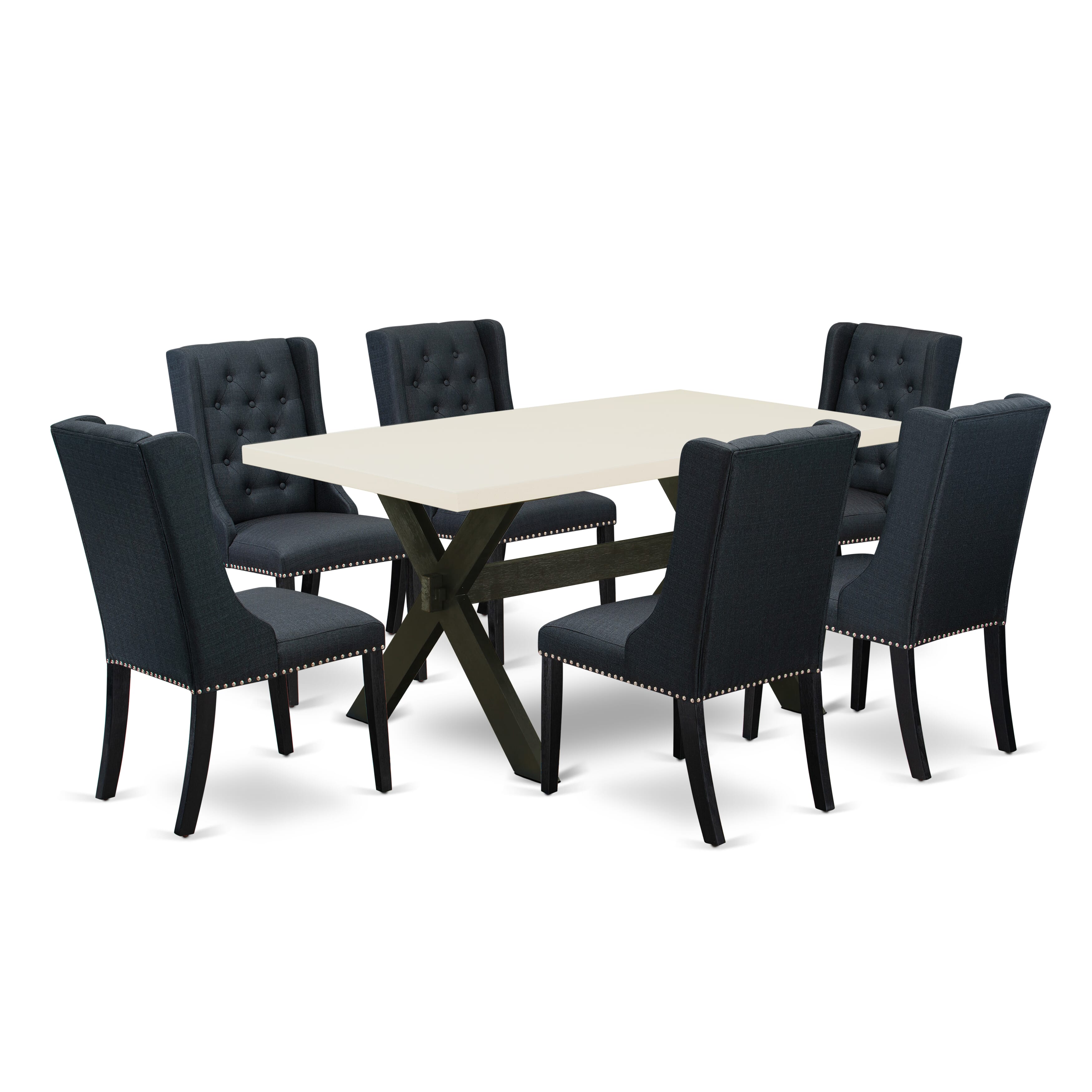 Juego de comedor East West Furniture X626FO624-7 de 7 piezas compuesto por una mesa de comedor rectangular con patas en forma de X y 6 sillas tapizadas en tela de lino negro.