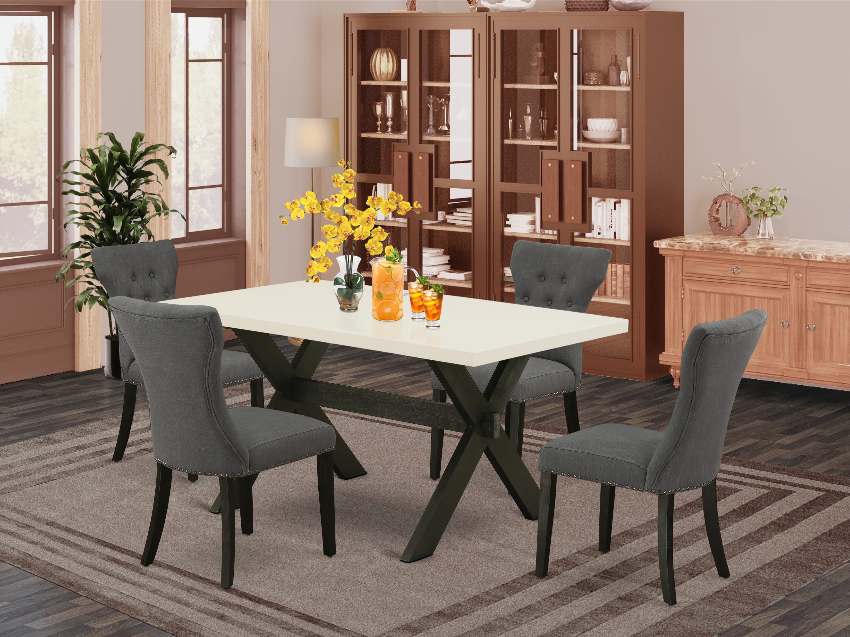 East West Furniture X626GA650-5 5-Pc Dining Table SetIncluded 4 Parson chairs Upholstered Seat and High Button Tufted Chair Back and Rectangular Table with linen white Dining Table top (Black Finish)