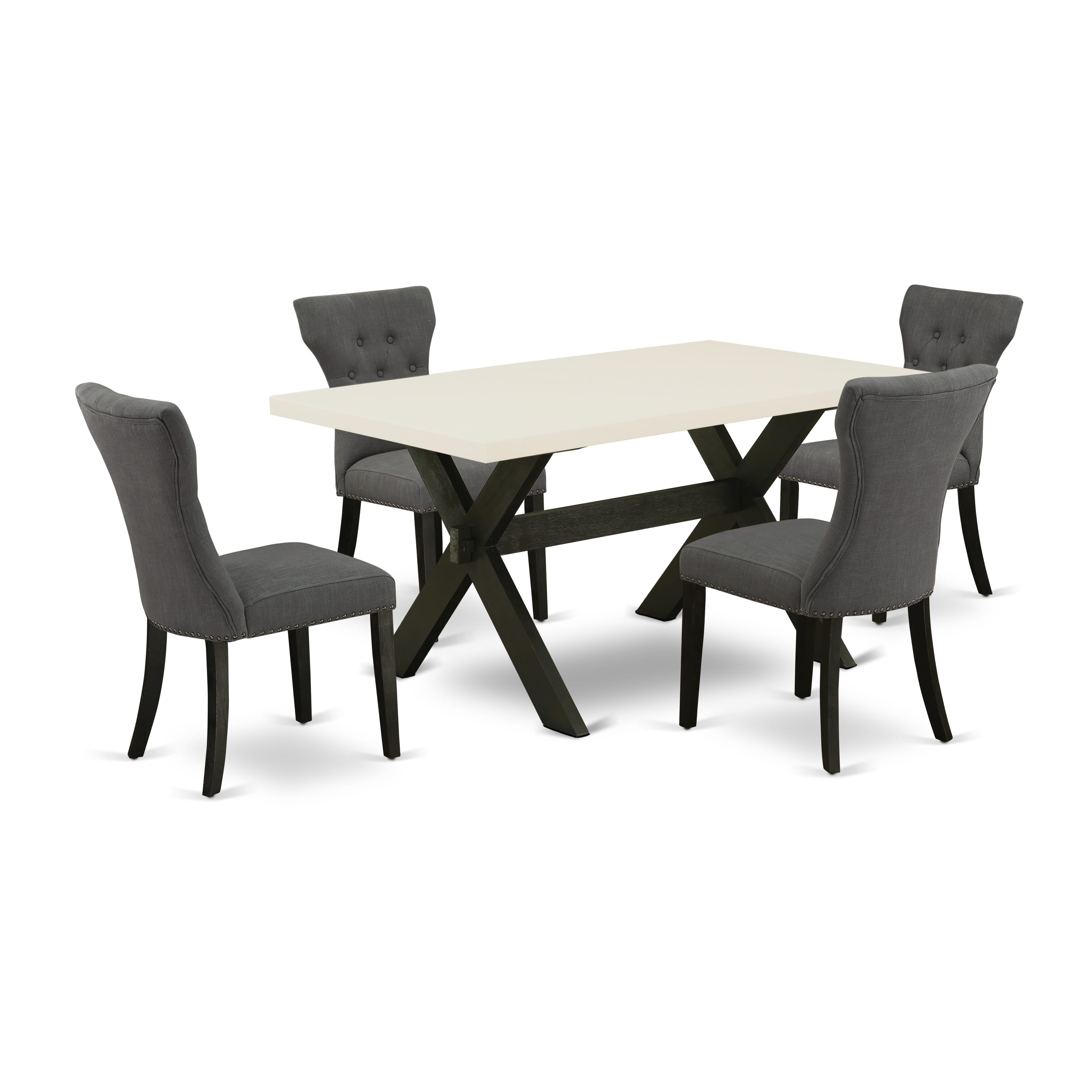 East West Furniture X626GA650-5 5-Pc Dining Table SetIncluded 4 Parson chairs Upholstered Seat and High Button Tufted Chair Back and Rectangular Table with linen white Dining Table top (Black Finish)