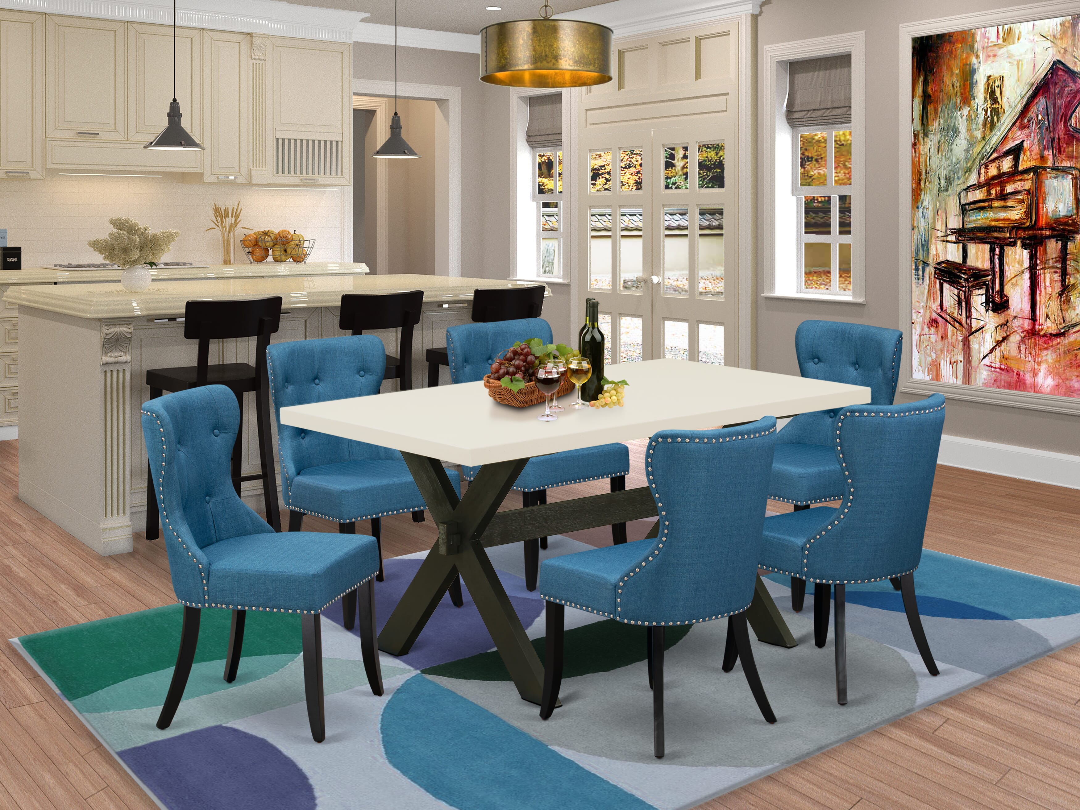 East West Furniture 7-Pc Dining Table Set- 6 Parson Chairs with Blue Linen Fabric Seat and Button Tufted Chair Back - Rectangular Table top & Wooden Cross Legs - linen white and Black Finish