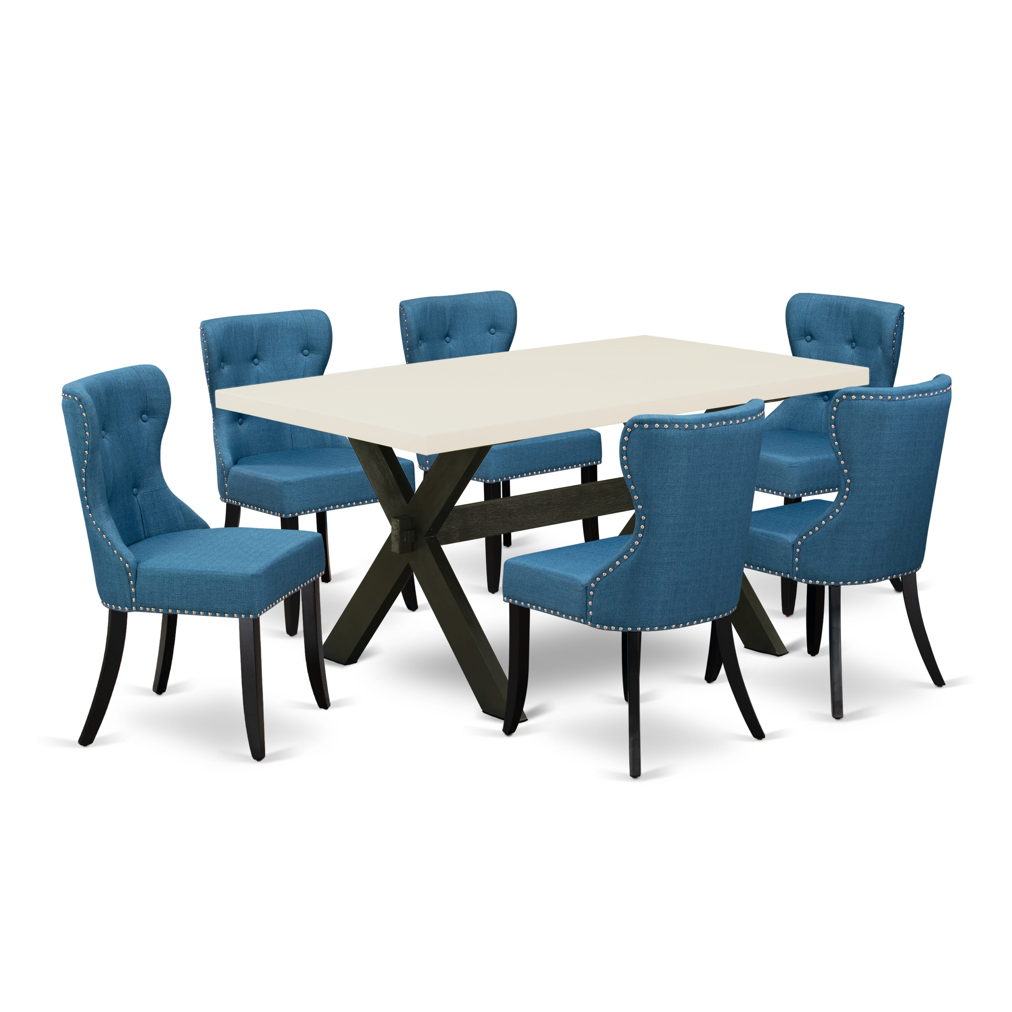 East West Furniture 7-Pc Dining Table Set- 6 Parson Chairs with Blue Linen Fabric Seat and Button Tufted Chair Back - Rectangular Table top & Wooden Cross Legs - linen white and Black Finish