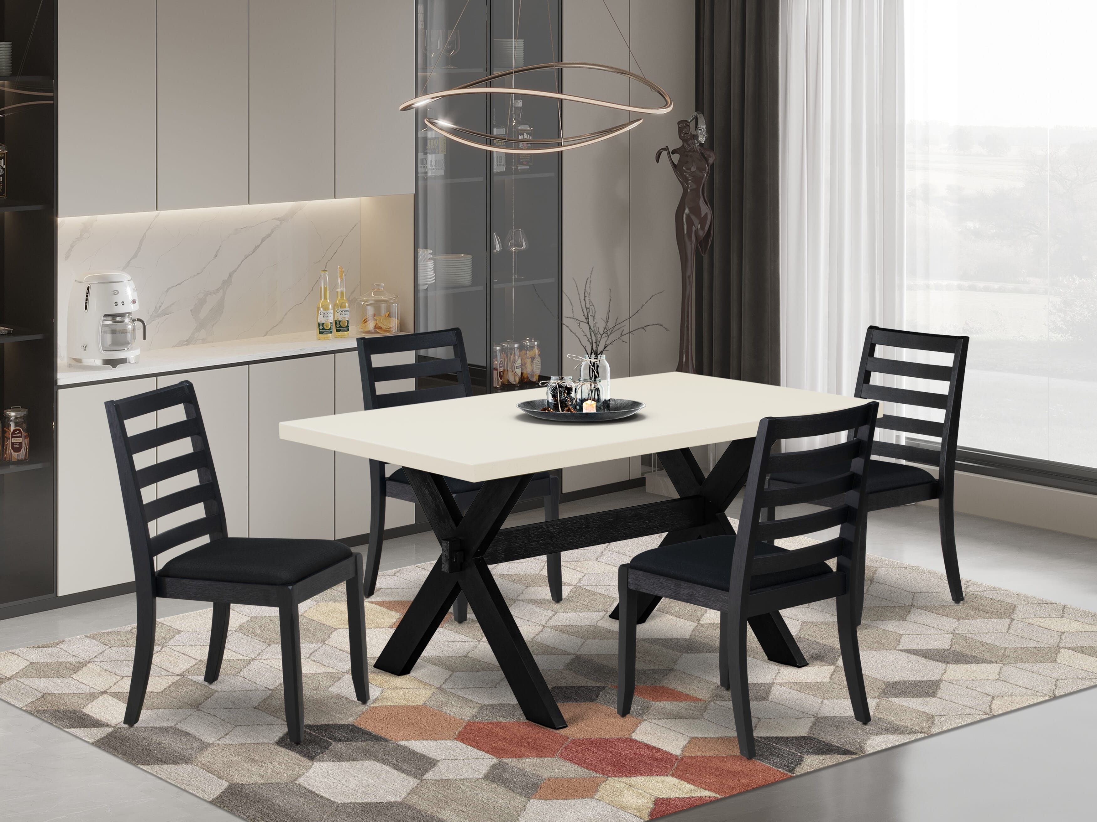 X626X1624-5 - 5-pc dining room set - a kitchen table & 4 stackable dining chairs with Black Linen Fabric - Wire-brushed Black