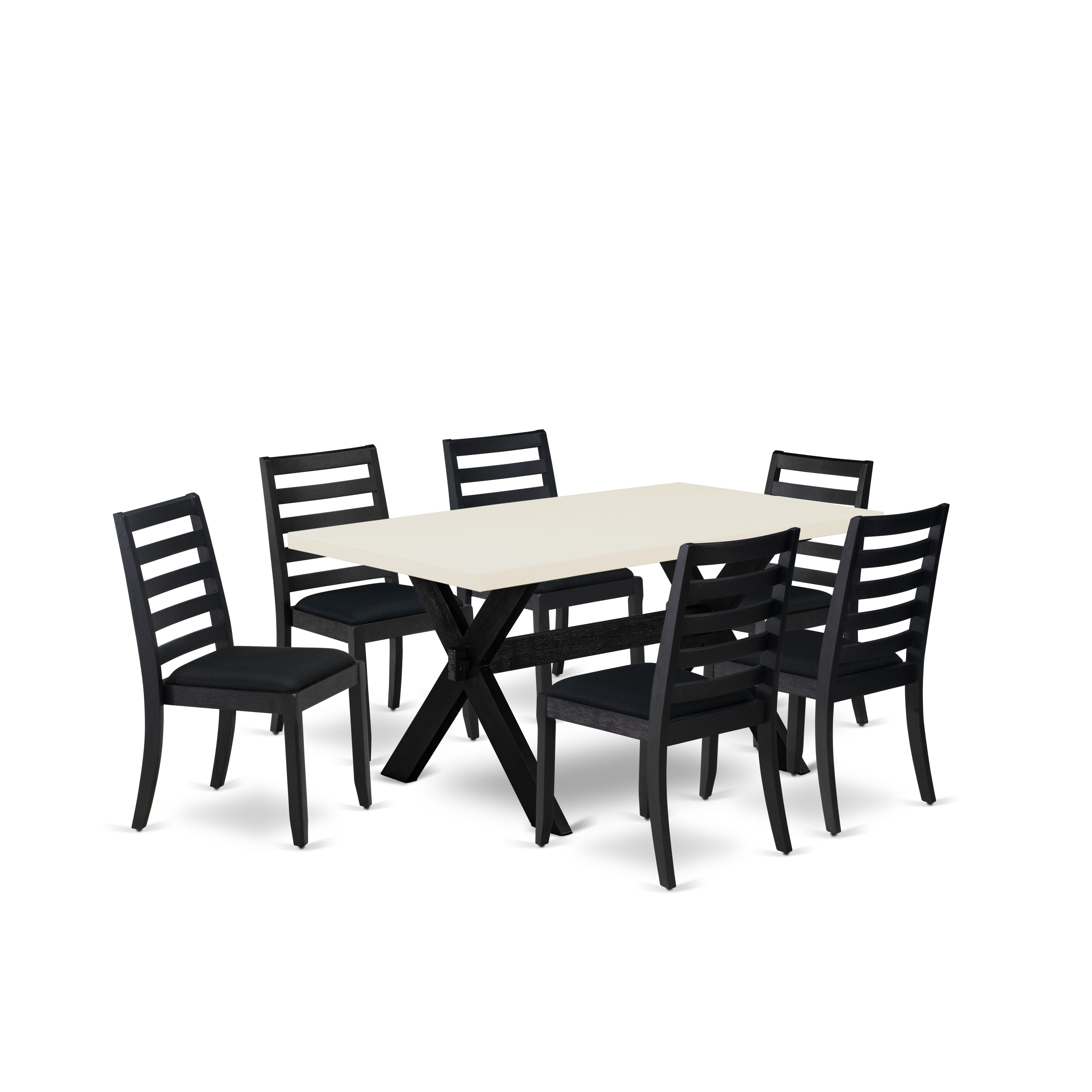 X626X1624-7 - 7-pc kitchen table set - a wooden table & 6 stackable chairs with Black Linen Fabric - Wire-brushed Black