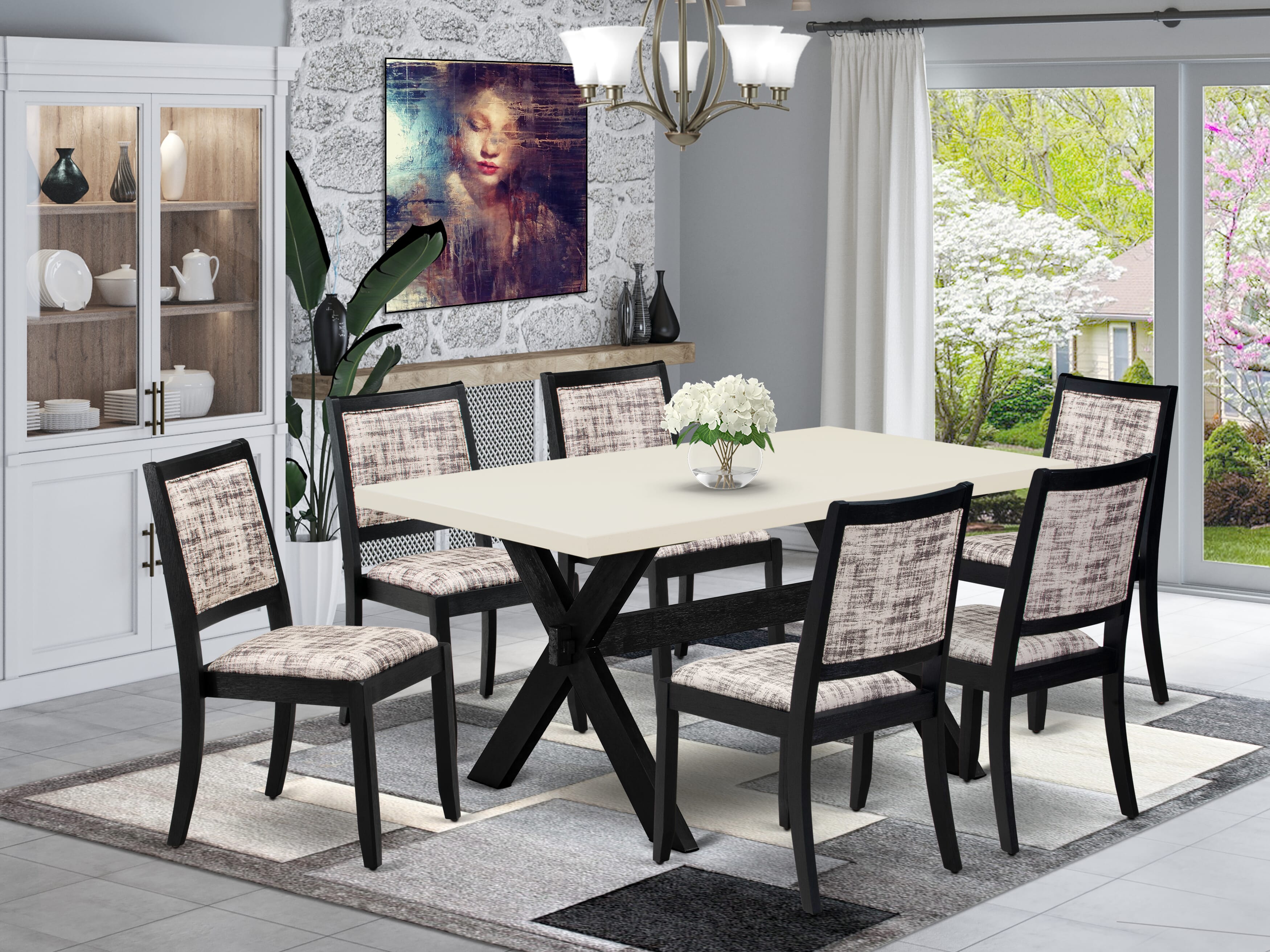 X626X2630-7 - 7-pc kitchen table set - a table & 6 stackable chairs with White and Gray Pattern Faux Leather Fabric - Wire-brushed Black