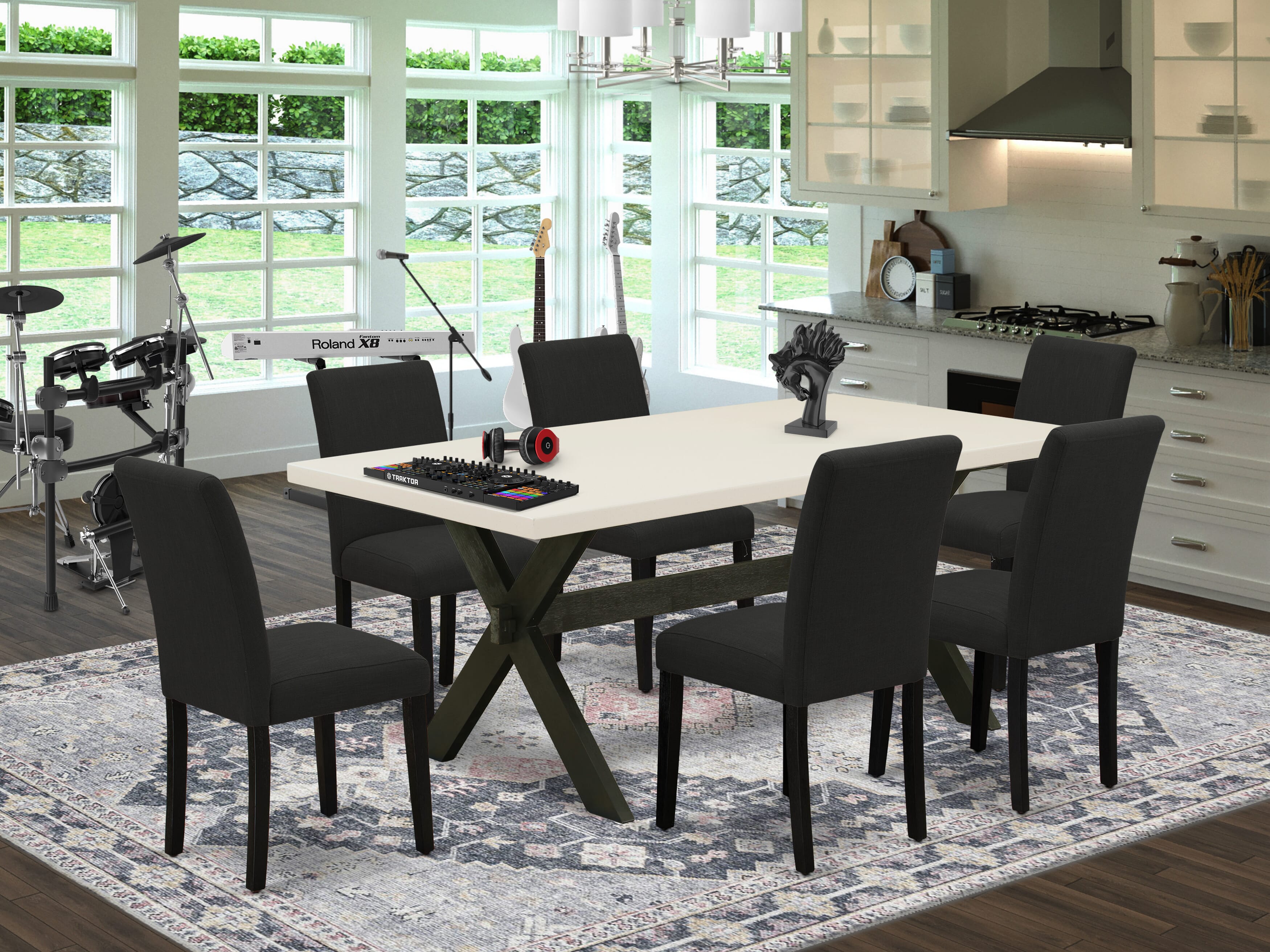 Juego de comedor de 7 piezas East West Furniture X627AB624-7 compuesto por una mesa de comedor rectangular con patas en forma de X y 6 sillas tapizadas en tela de lino color negro.