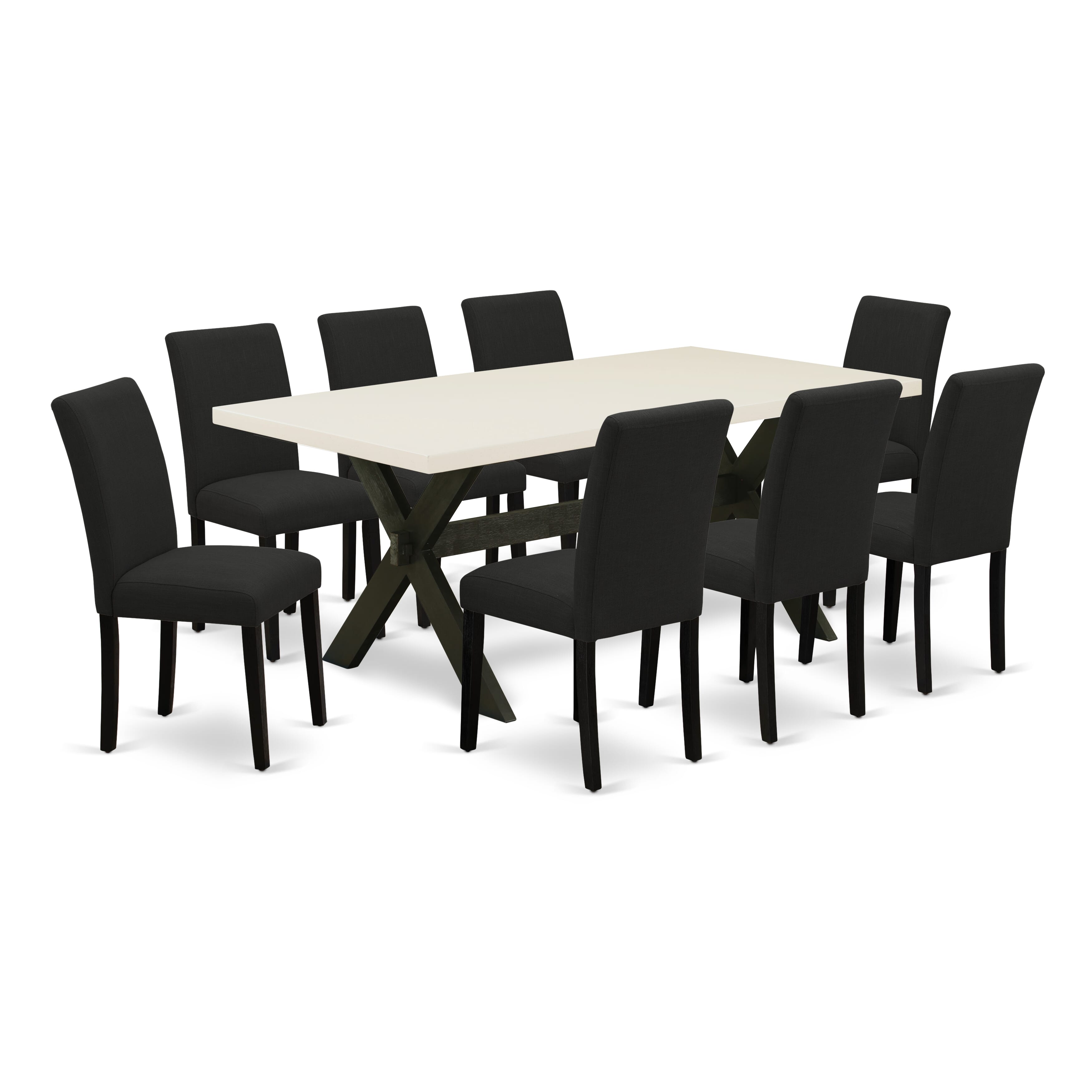 Juego de comedor East West Furniture X627AB624-9 de 9 piezas. Incluye una mesa de comedor rectangular con patas en forma de X y 8 sillas Parson tapizadas en tela de lino de color negro.