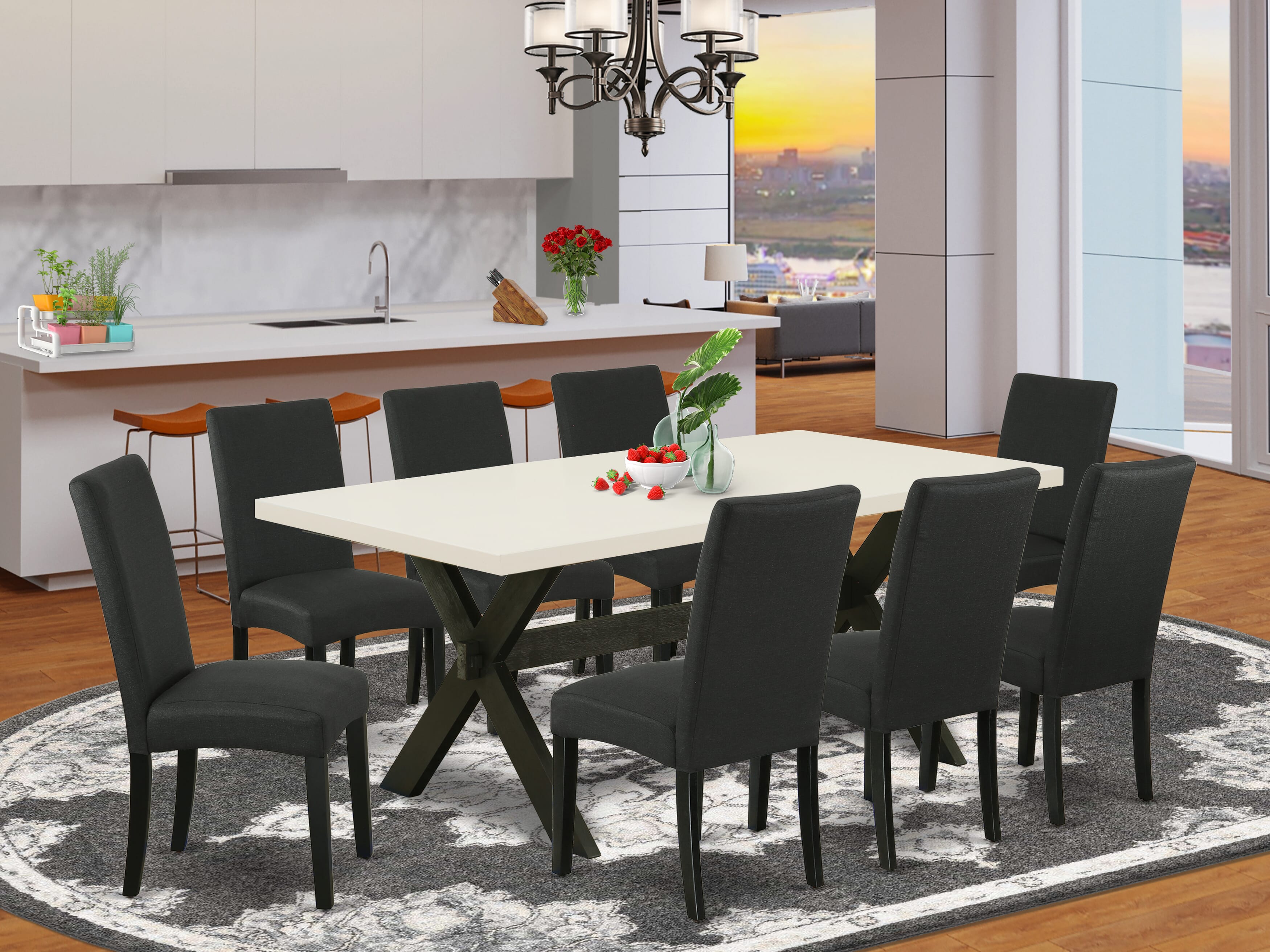 Juego de mesa de comedor moderna East West Furniture X627DR124-9 de 9 piezas. Incluye una mesa rectangular de madera con patas en forma de X y 8 sillas de comedor Parsons de tela de lino de color negro.
