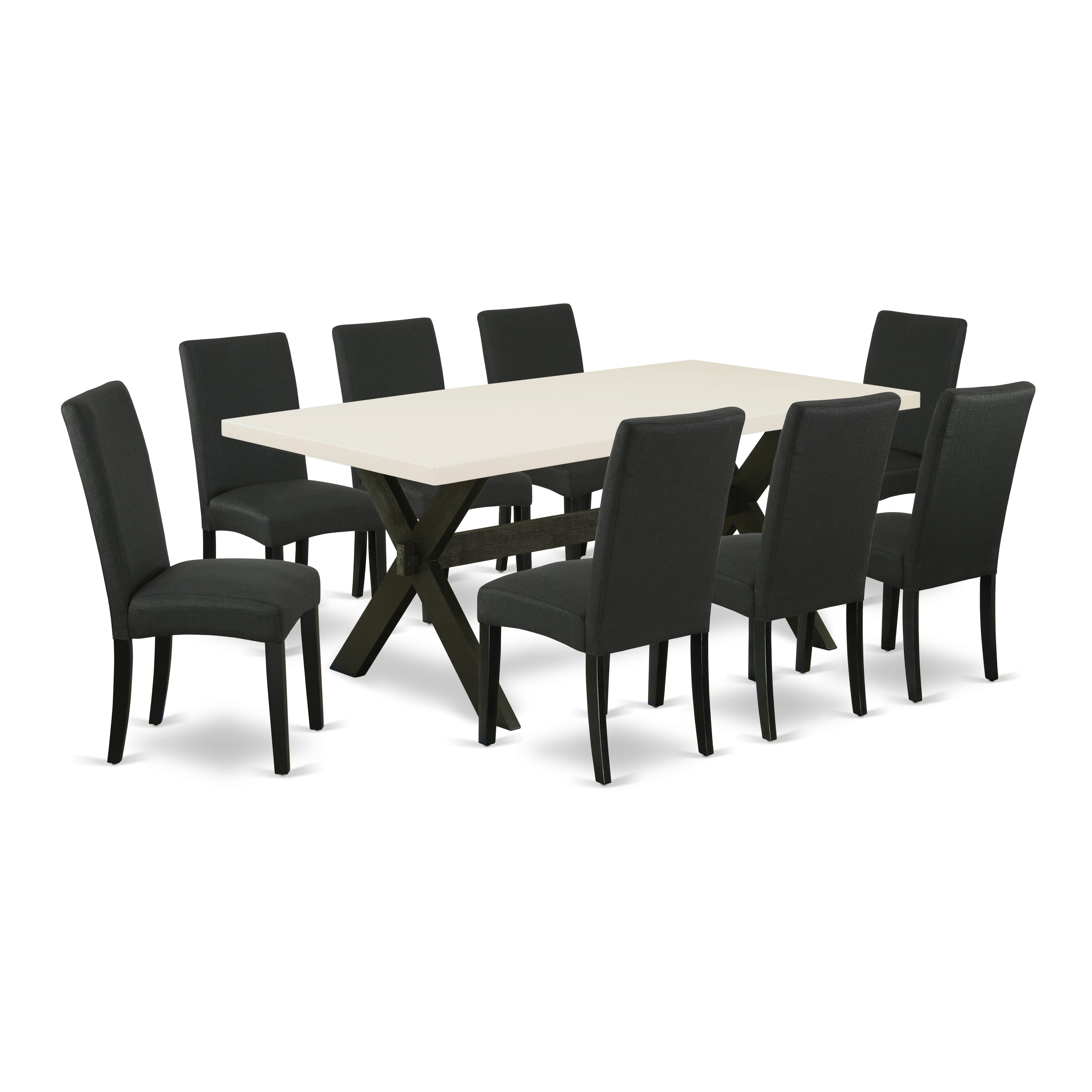 Juego de mesa de comedor moderna East West Furniture X627DR124-9 de 9 piezas. Incluye una mesa rectangular de madera con patas en forma de X y 8 sillas de comedor Parsons de tela de lino de color negro.