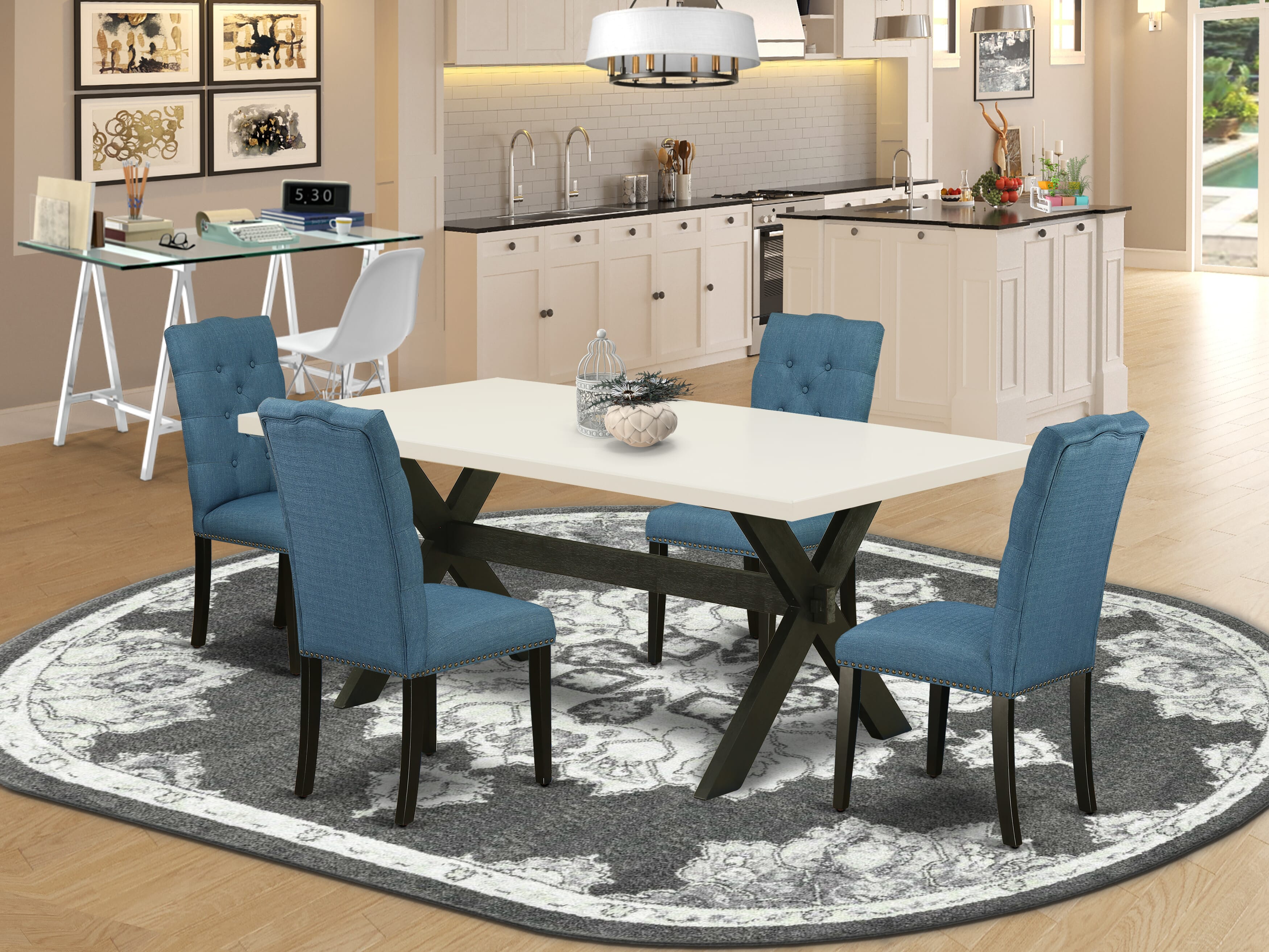 Juego de mesa de comedor East West Furniture X627EL121-5 de 5 piezas para 4 personas. Incluye una mesa de cocina rectangular con patas en forma de X y 4 sillas de comedor Parson de tela de lino azul.