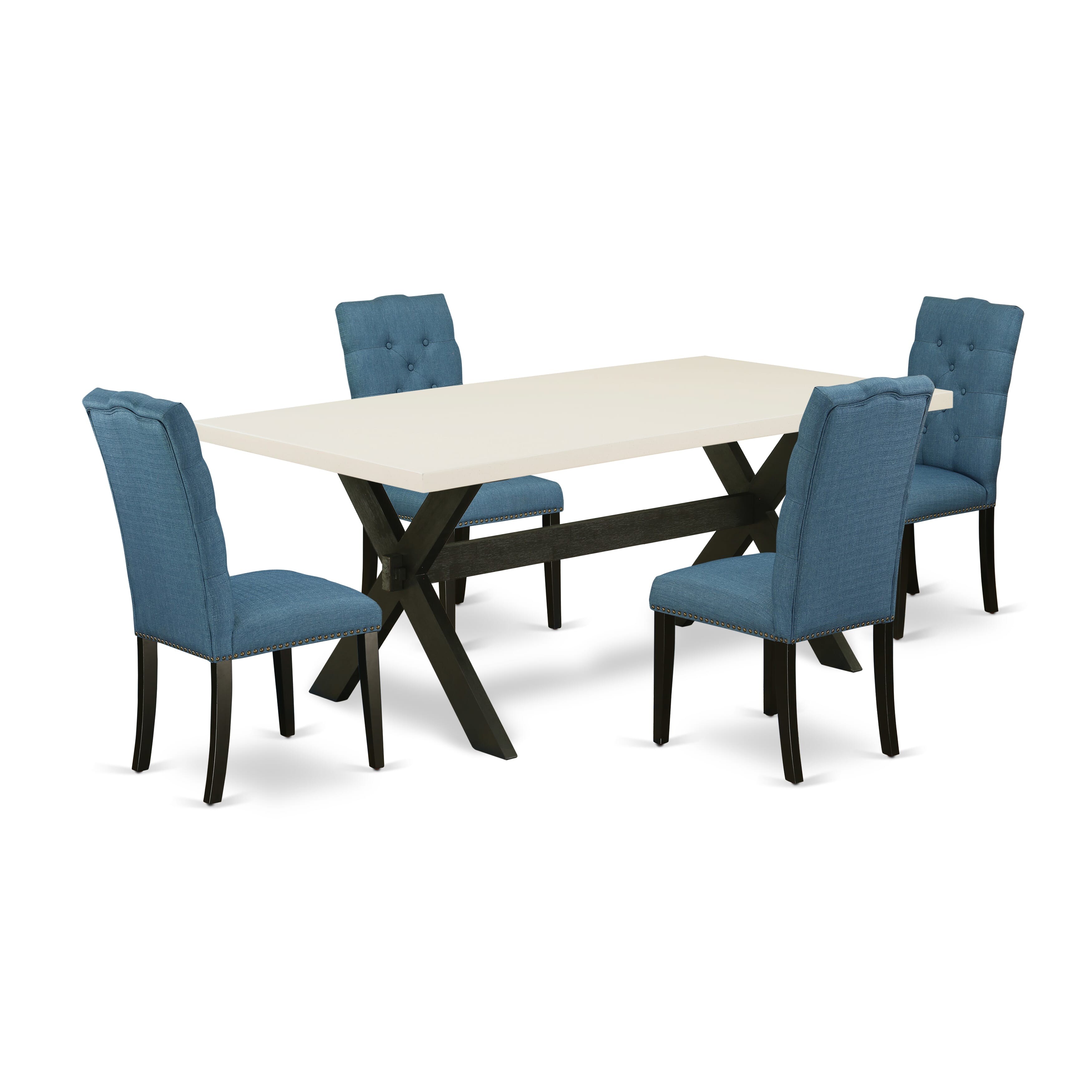 Juego de mesa de comedor East West Furniture X627EL121-5 de 5 piezas para 4 personas. Incluye una mesa de cocina rectangular con patas en forma de X y 4 sillas de comedor Parson de tela de lino azul.