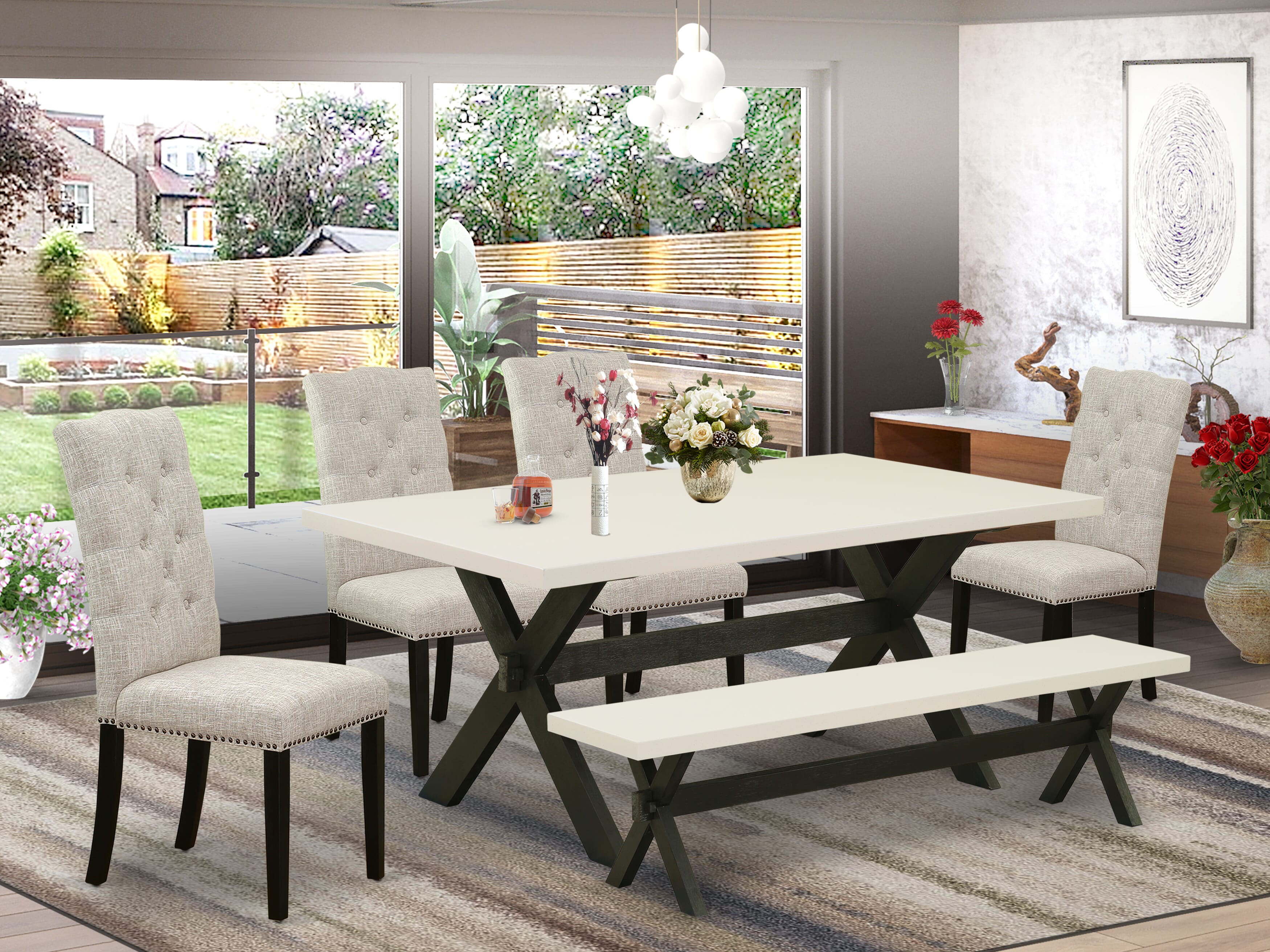 X627EL635-6 6-Piece Mid Century Dining Table Set-Doeskin Linen Fabric Seat and Button Tufted Chair Back Upholstered Dining chairs, A Rectangular Bench and Rectangular top dining table with Wooden Legs - linen white and Wire Brushed Black Finish