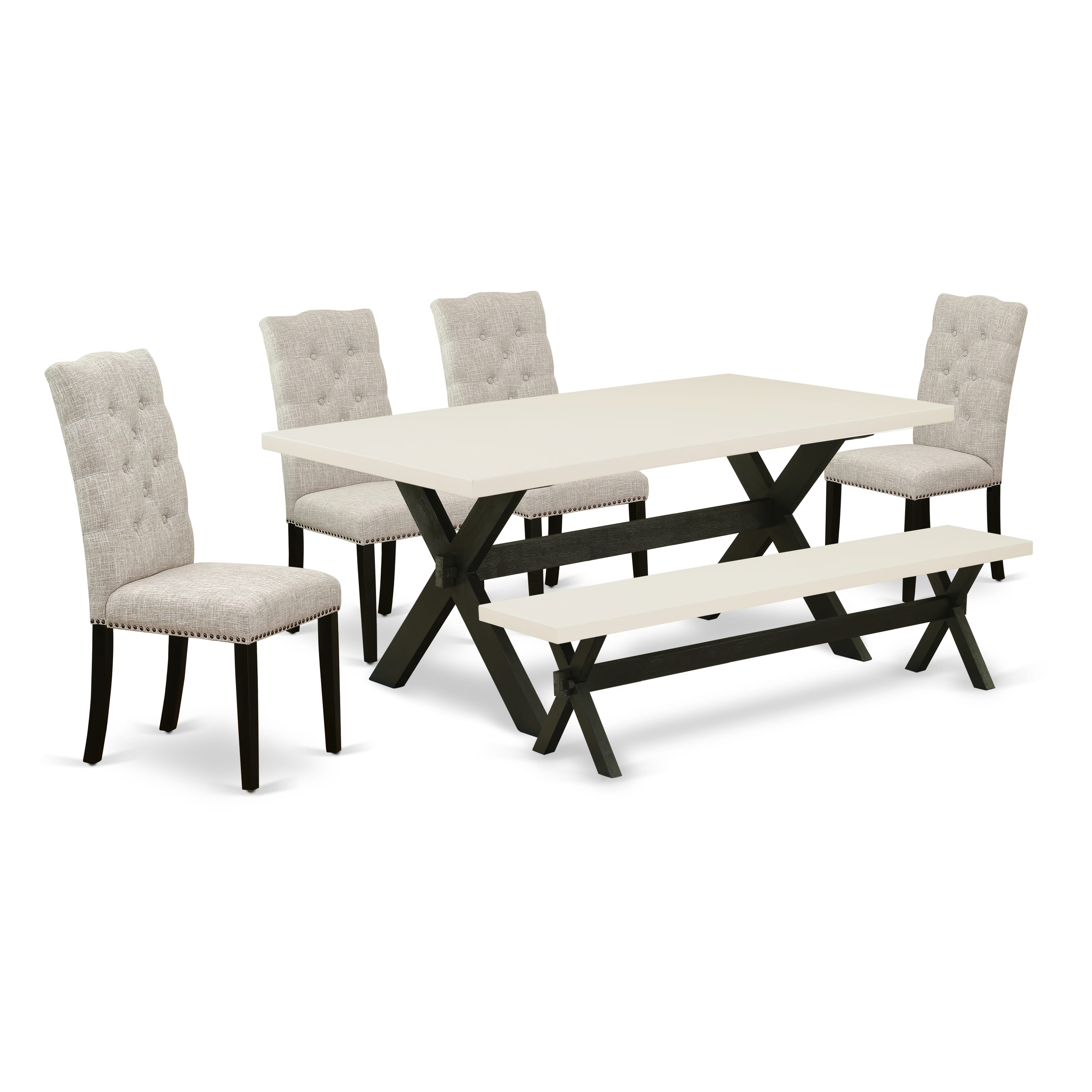 X627EL635-6 6-Piece Mid Century Dining Table Set-Doeskin Linen Fabric Seat and Button Tufted Chair Back Upholstered Dining chairs, A Rectangular Bench and Rectangular top dining table with Wooden Legs - linen white and Wire Brushed Black Finish