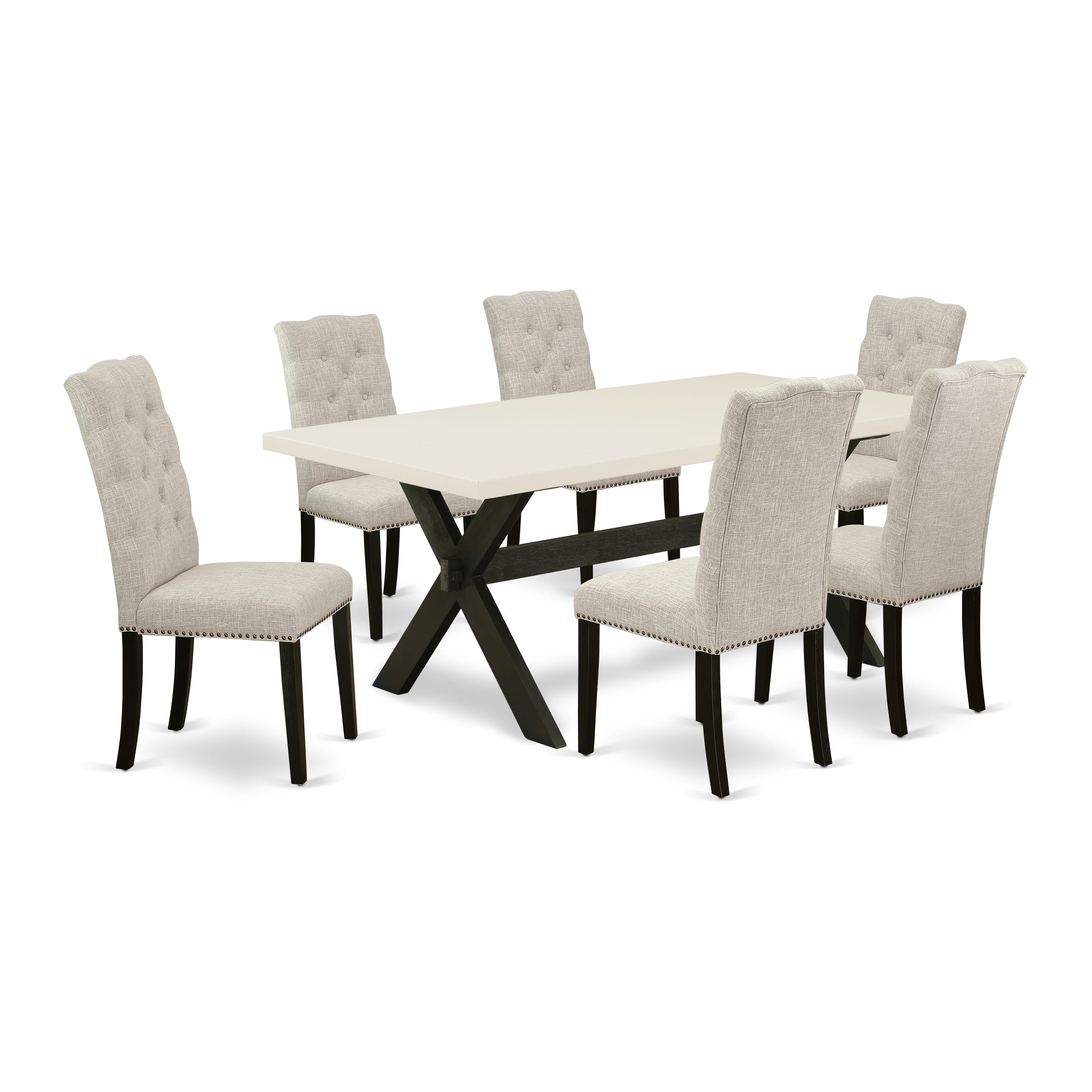 East West Furniture X627EL635-7 7-Pc Dining room Set a beautiful linen white Dining Table top and 6 Fantastic Parson Dining chairs with Nail Heads and Button Tufted, Wire Brushed Black Finish