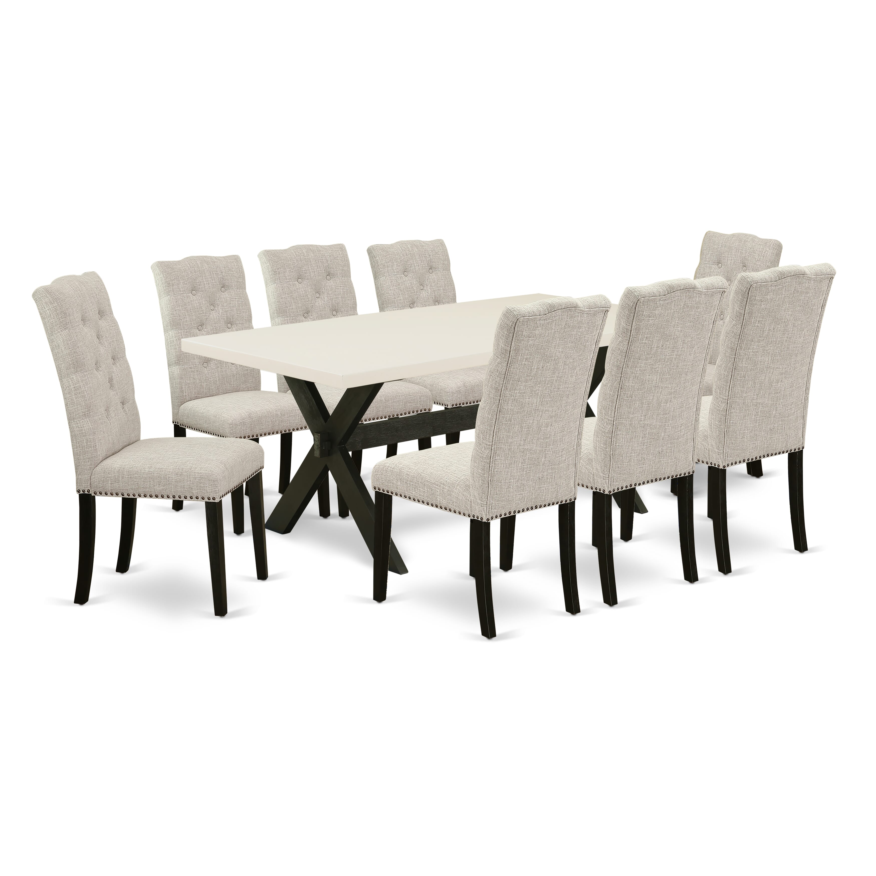 East West Furniture X627EL635-9 9-Pc Modern Dining Table Set a Wonderful linen white Small Kitchen Table top and 8 Beautiful Parson�s chairs with Nail Heads and Button Tufted, Wire Brushed Black Finish