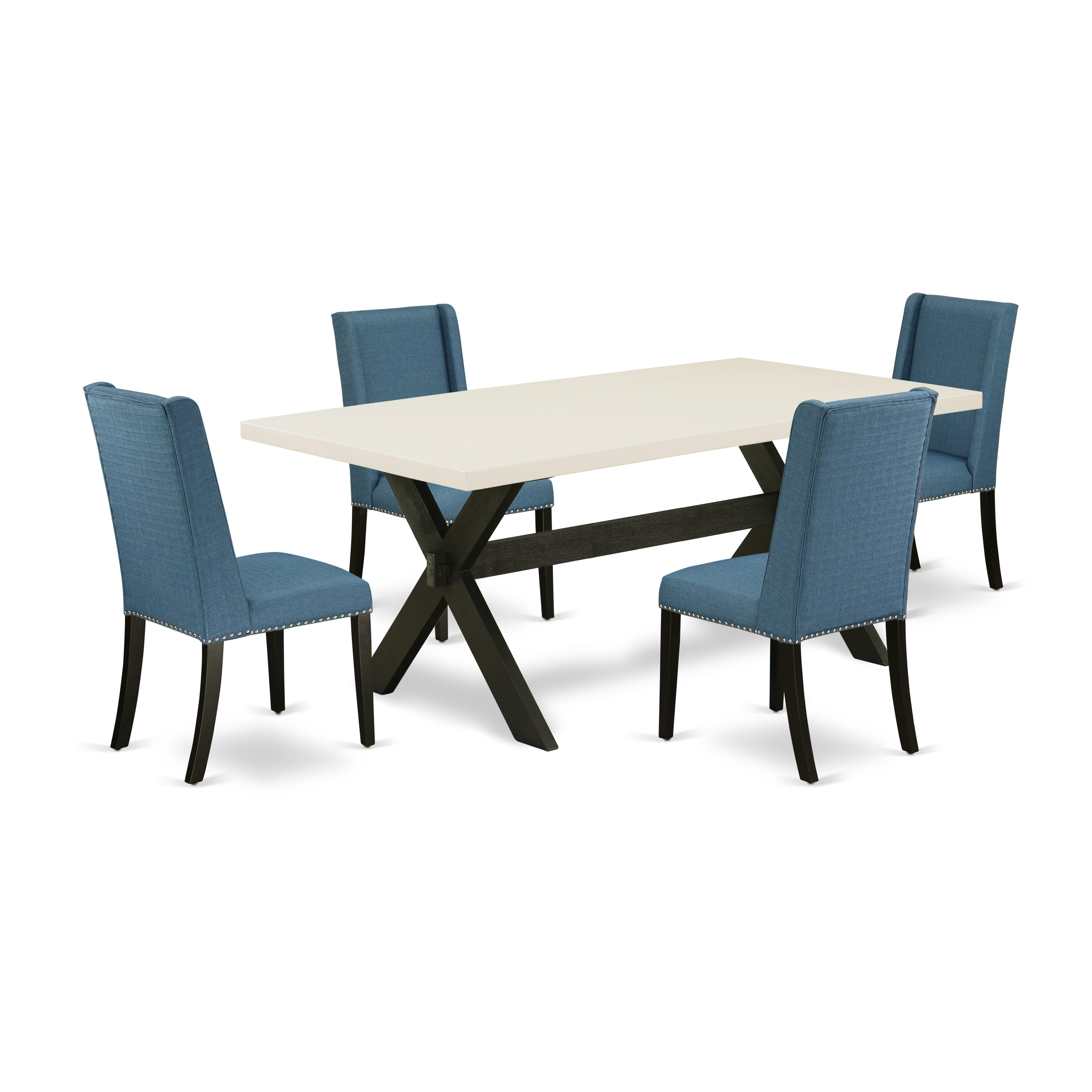 Juego de mesa de comedor de 5 piezas East West Furniture X627FL121-5 para 4 personas. Incluye una mesa de cocina rectangular con patas en forma de X y 4 sillas Parson tapizadas en tela de lino azul.