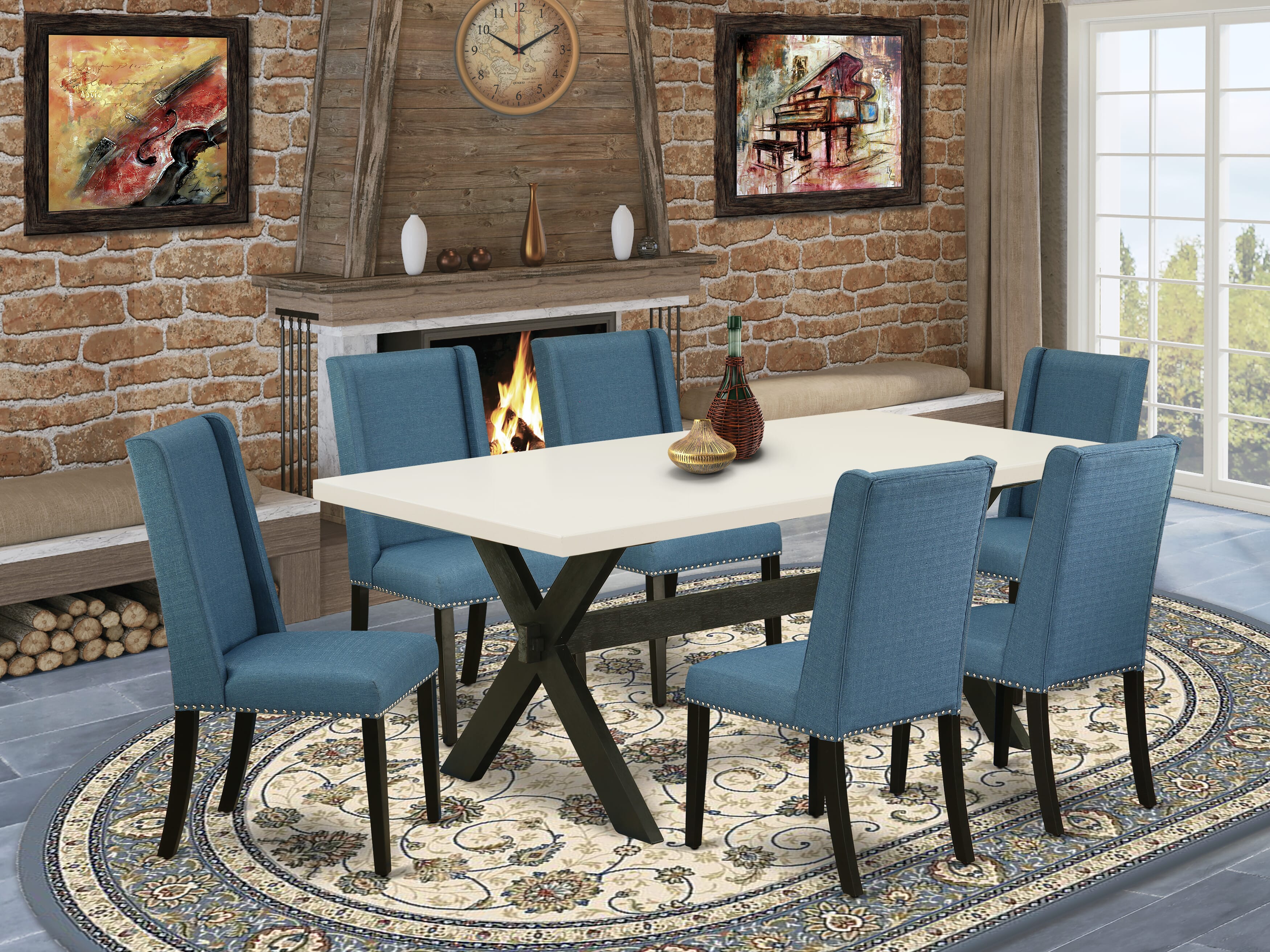 East West Furniture X627FL121-7 7-Piece Dinette Set with Dining Table - 6 Linen Fabric Parson Chairs (Wire Brushed Black Finish)